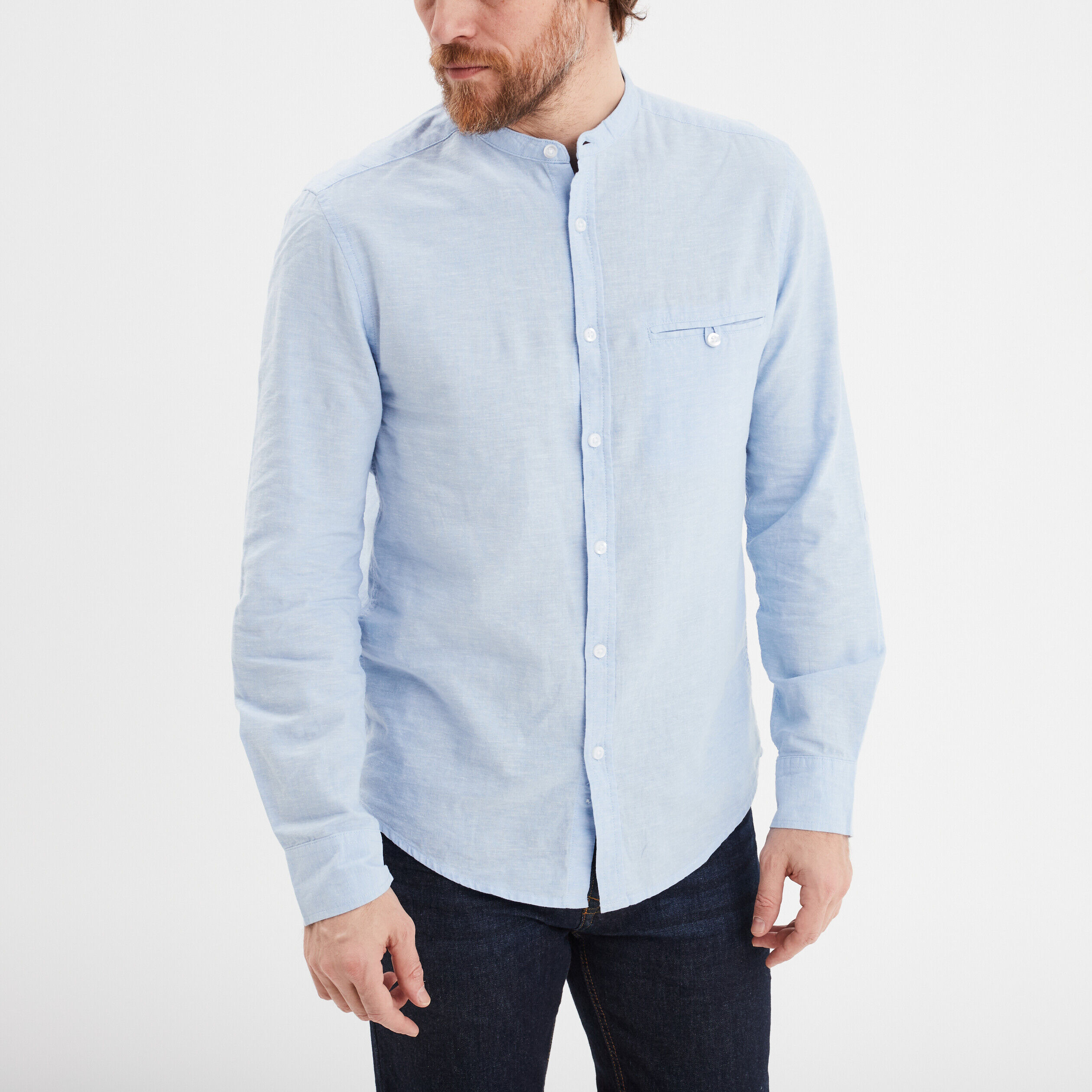 Chemise col mao lin majoritaire bleu ciel homme LH