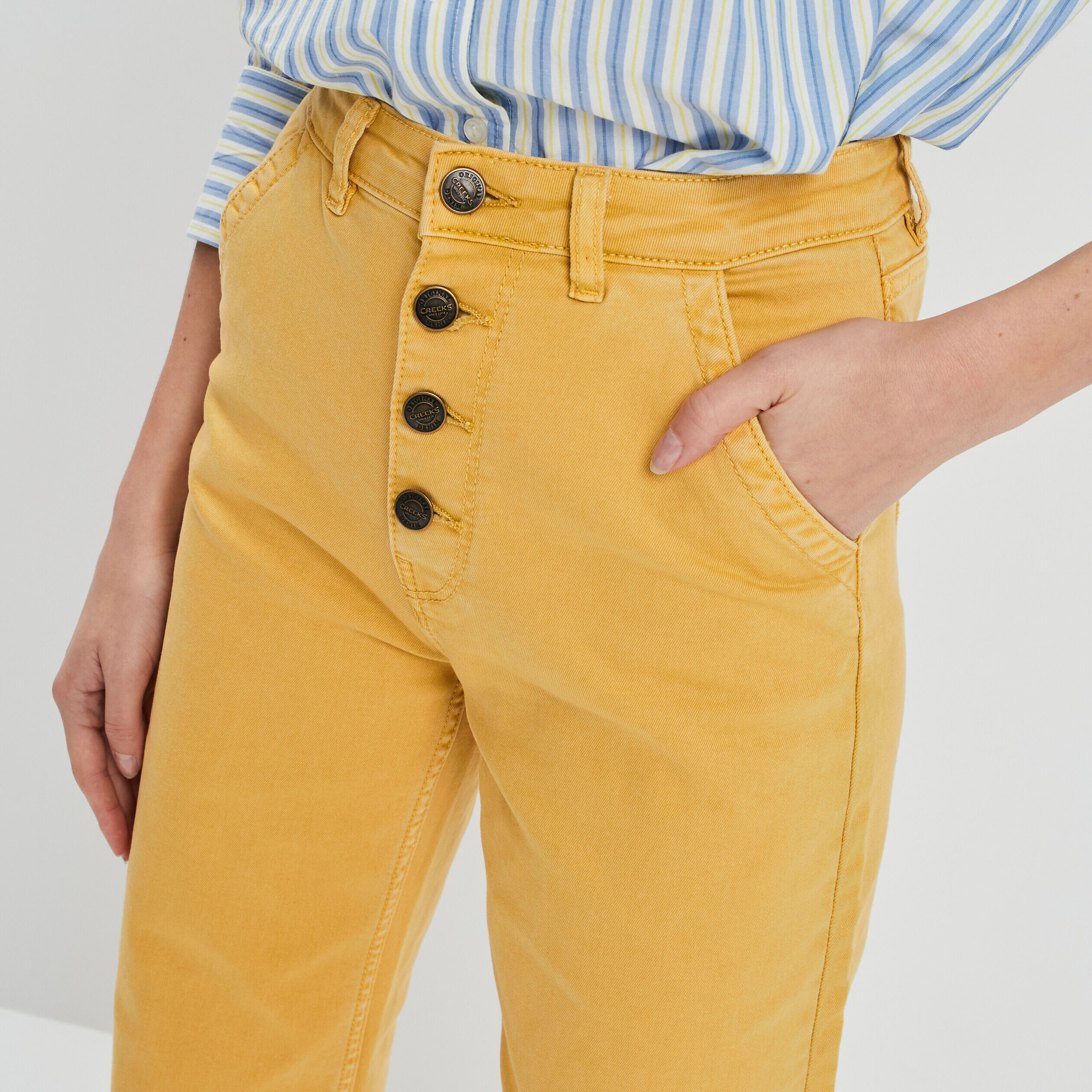 Pantalon femme pas cher taille haute fluide ou slim Jaune La Halle