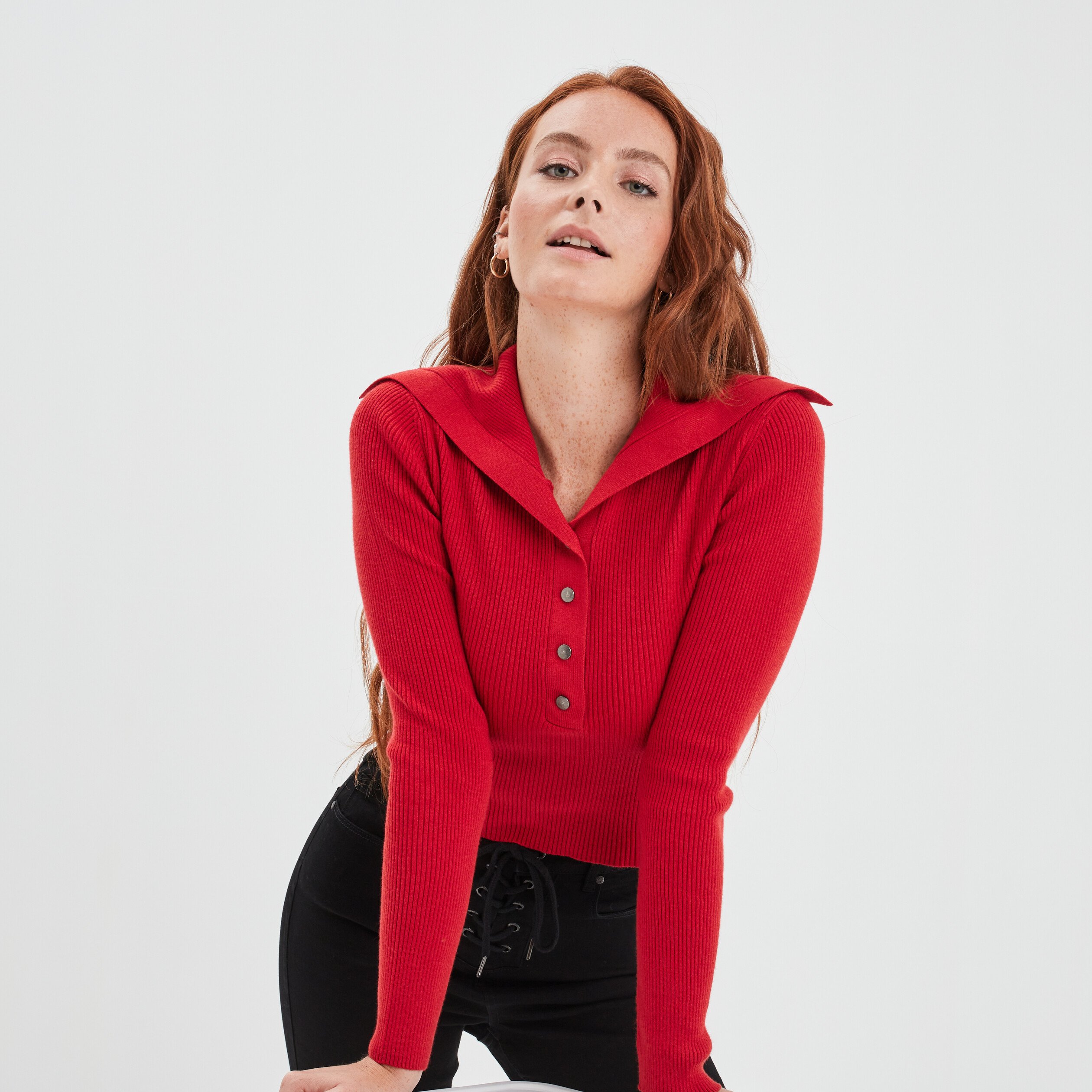 Pull col camionneur boutonne Liberto rouge fonce femme