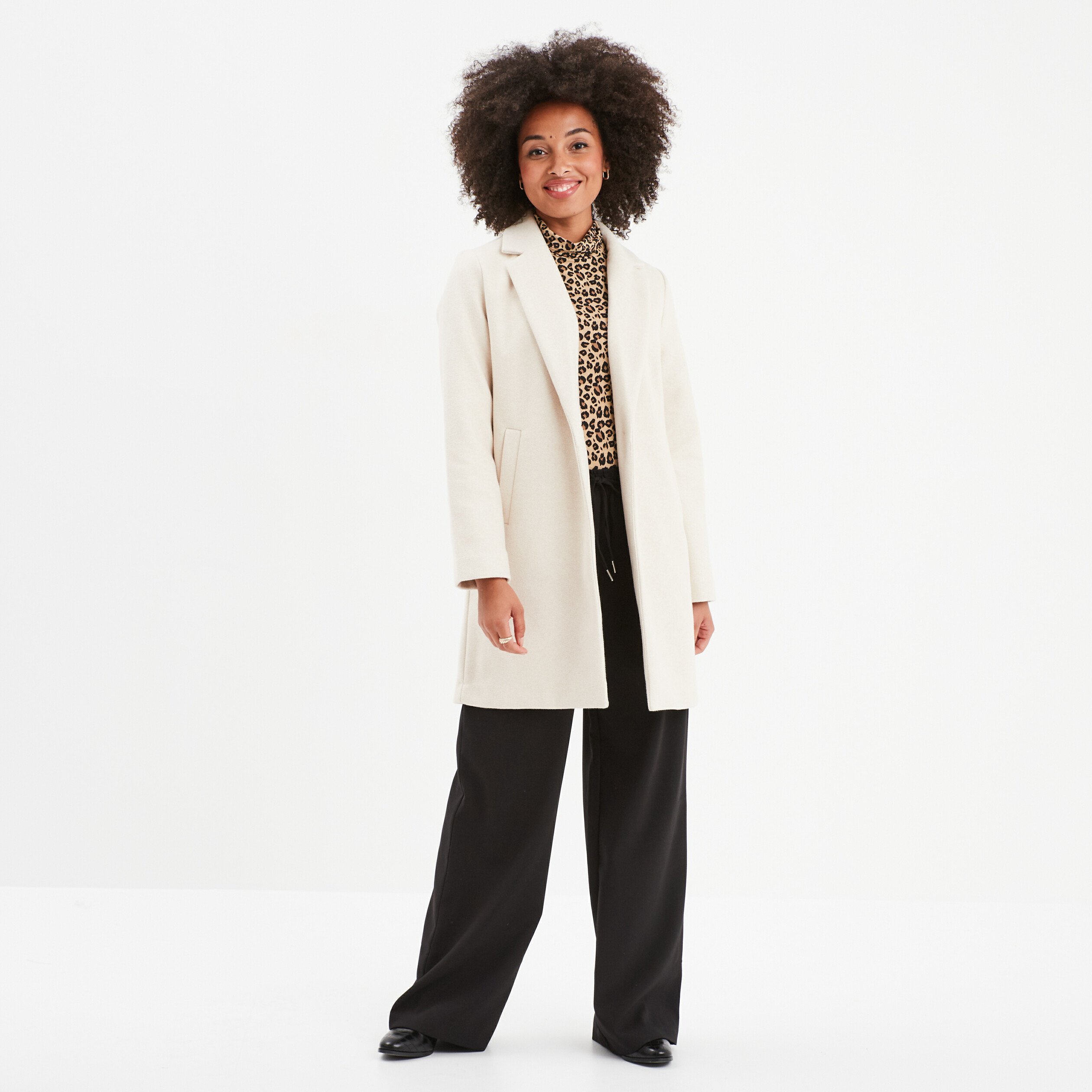 Manteau mi long boutonne manches longues beige femme La Halle