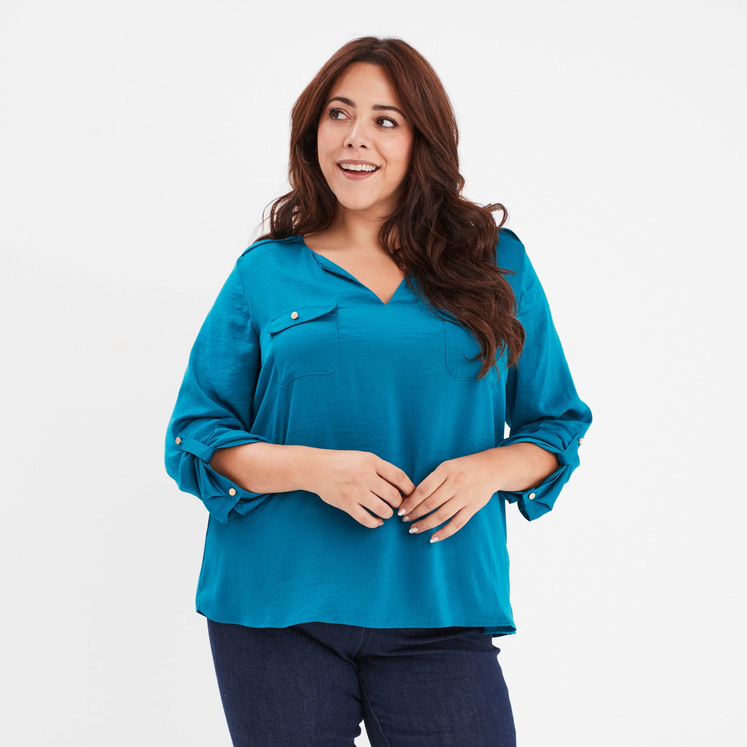 Blouse aspect satin col tunisien bleu canard femme grande taille