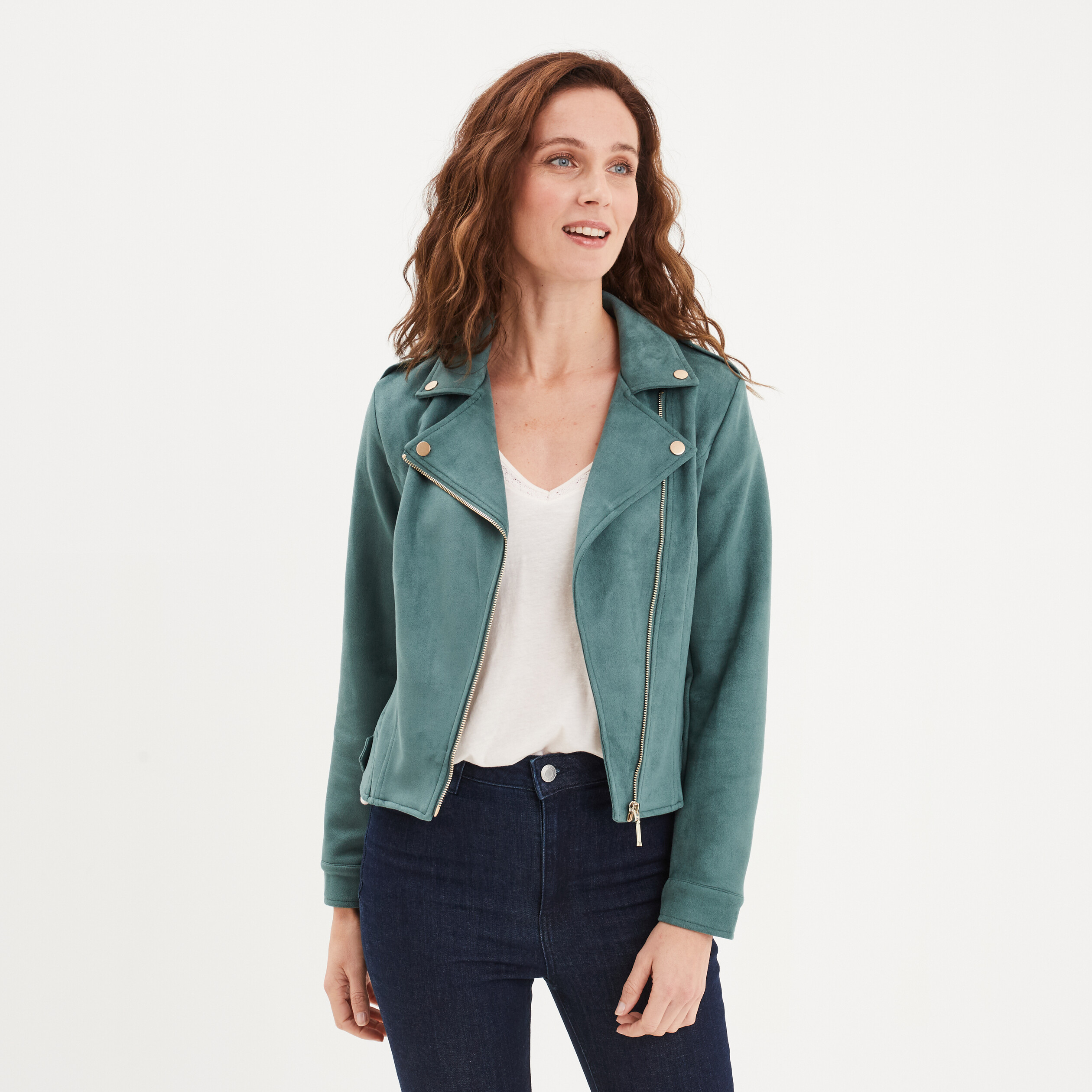 Veste courte esprit biker effet suedine vert fonce femme