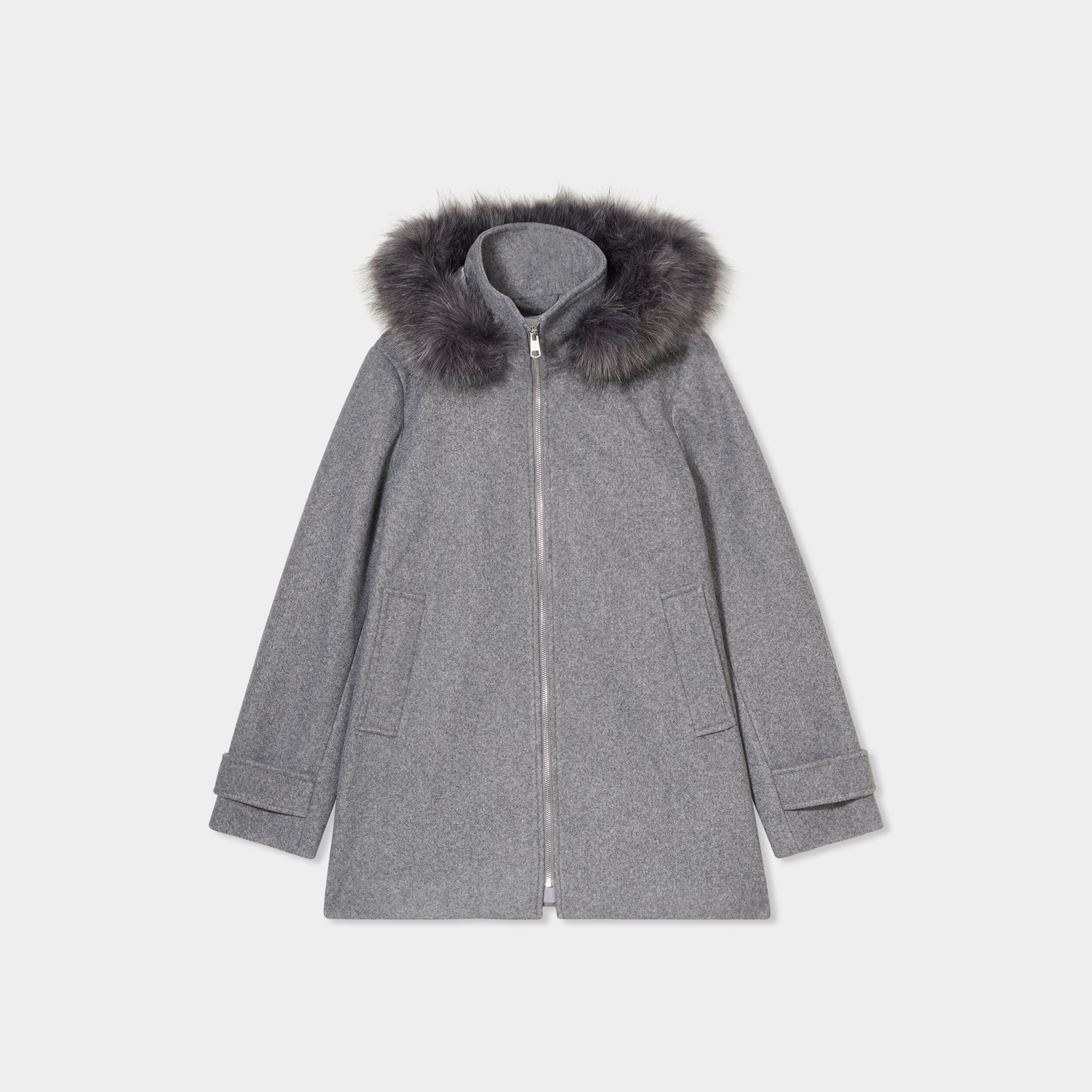 Manteau zippe capuche imitation fourrure gris femme