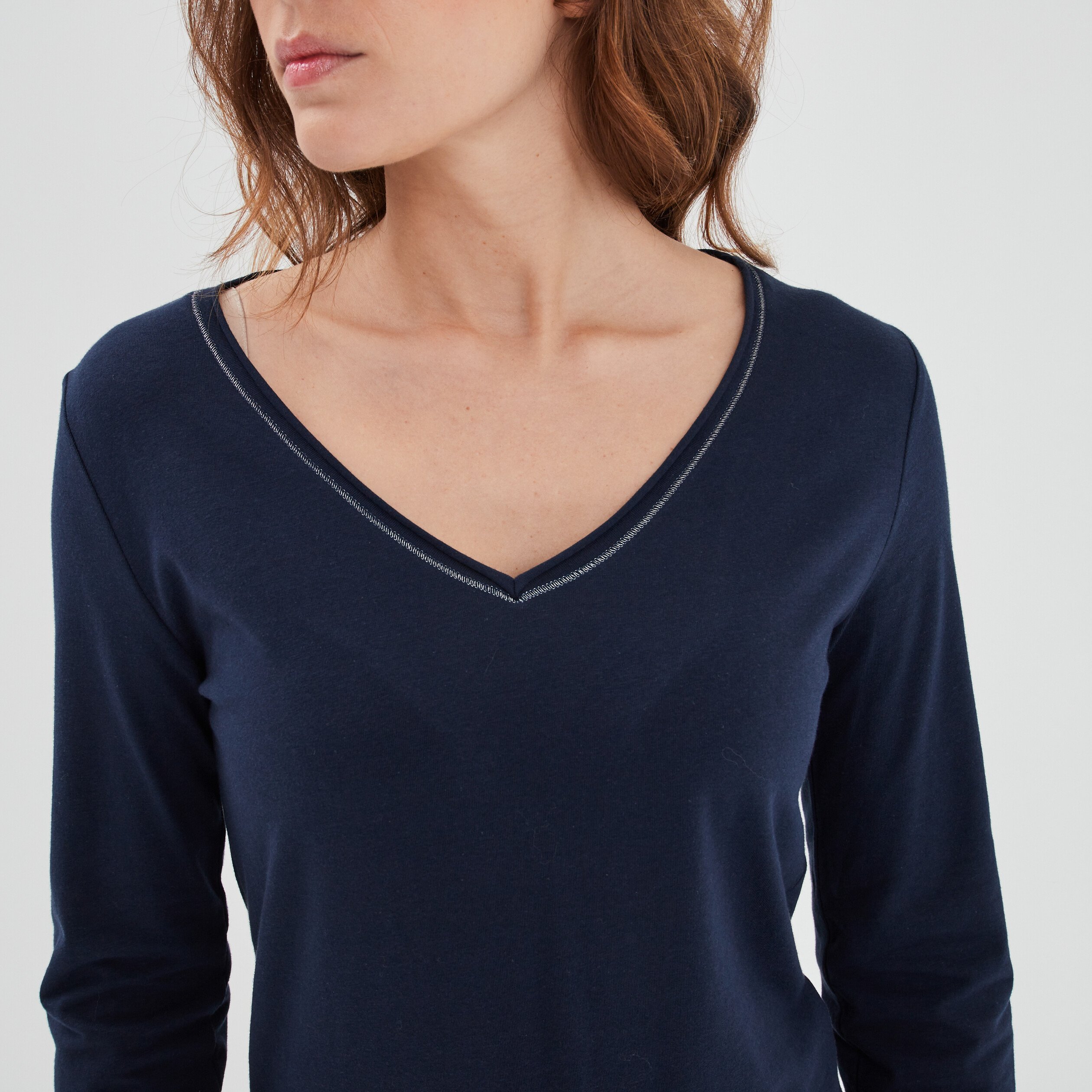 T shirt manches longues col en V coton bleu marine femme