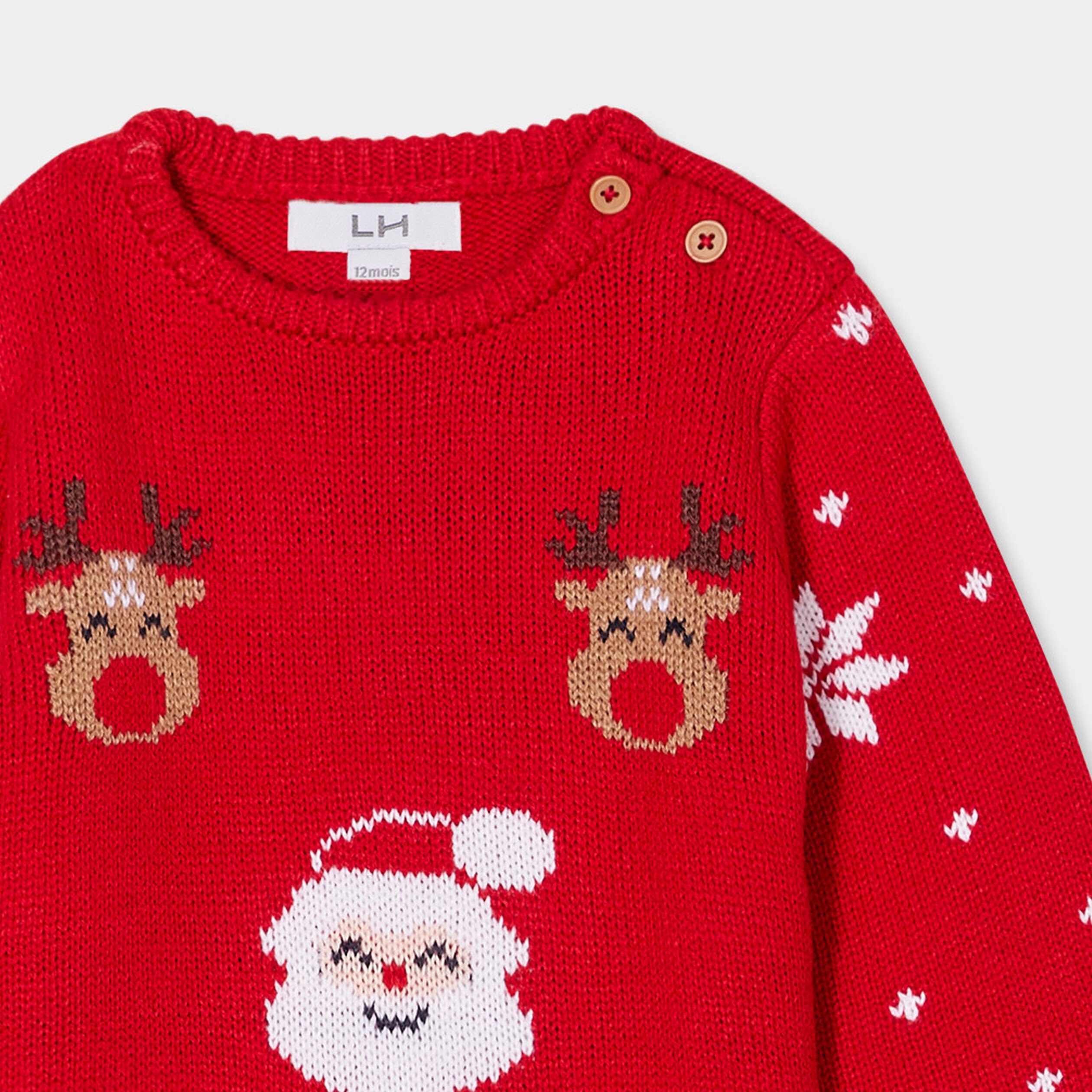 Pull de Noel epaule boutonnee col rond rouge bebe garcon