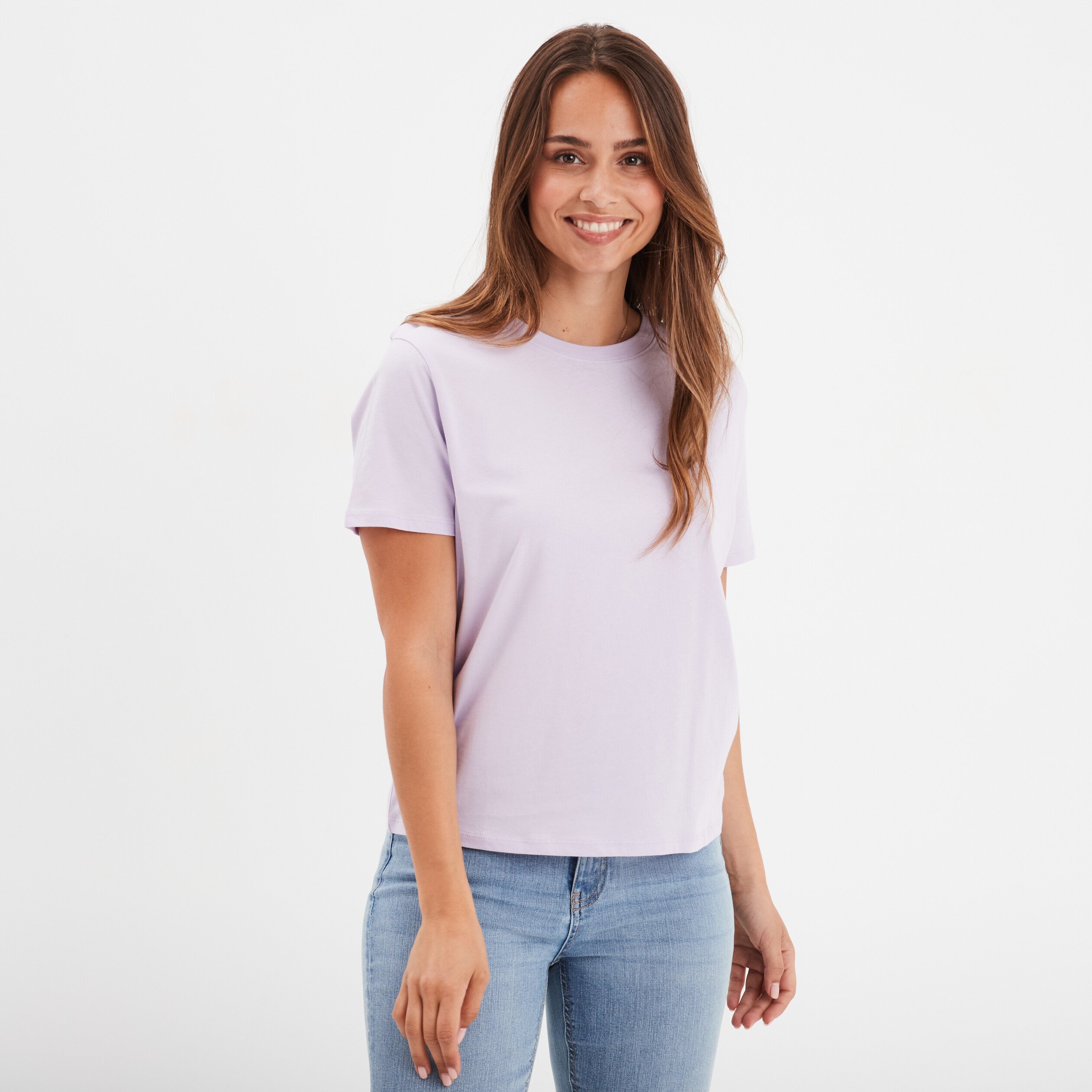 T shirt col rond manches courtes coton violet clair femme