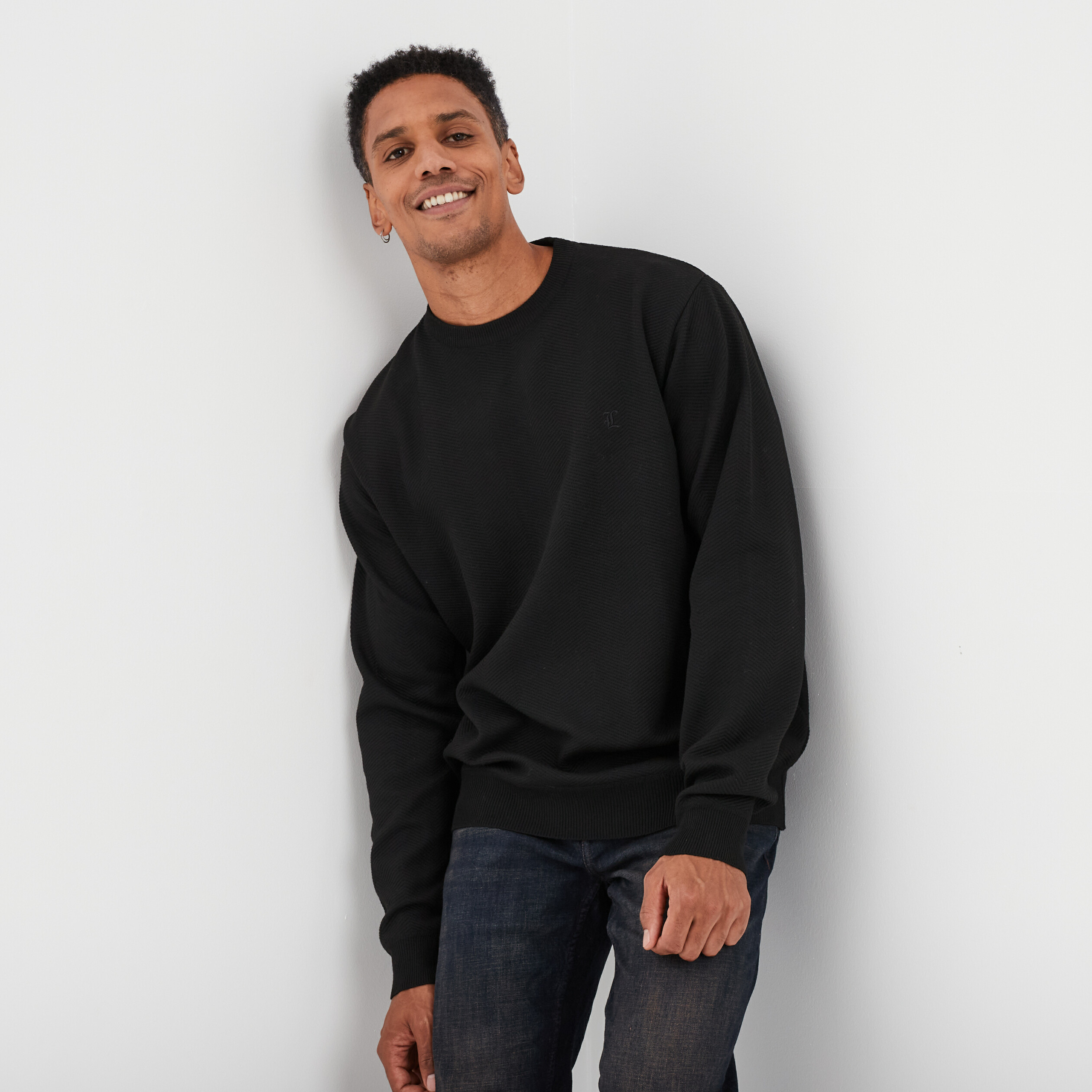 Pull col rond manches longues Liberto noir homme La Halle