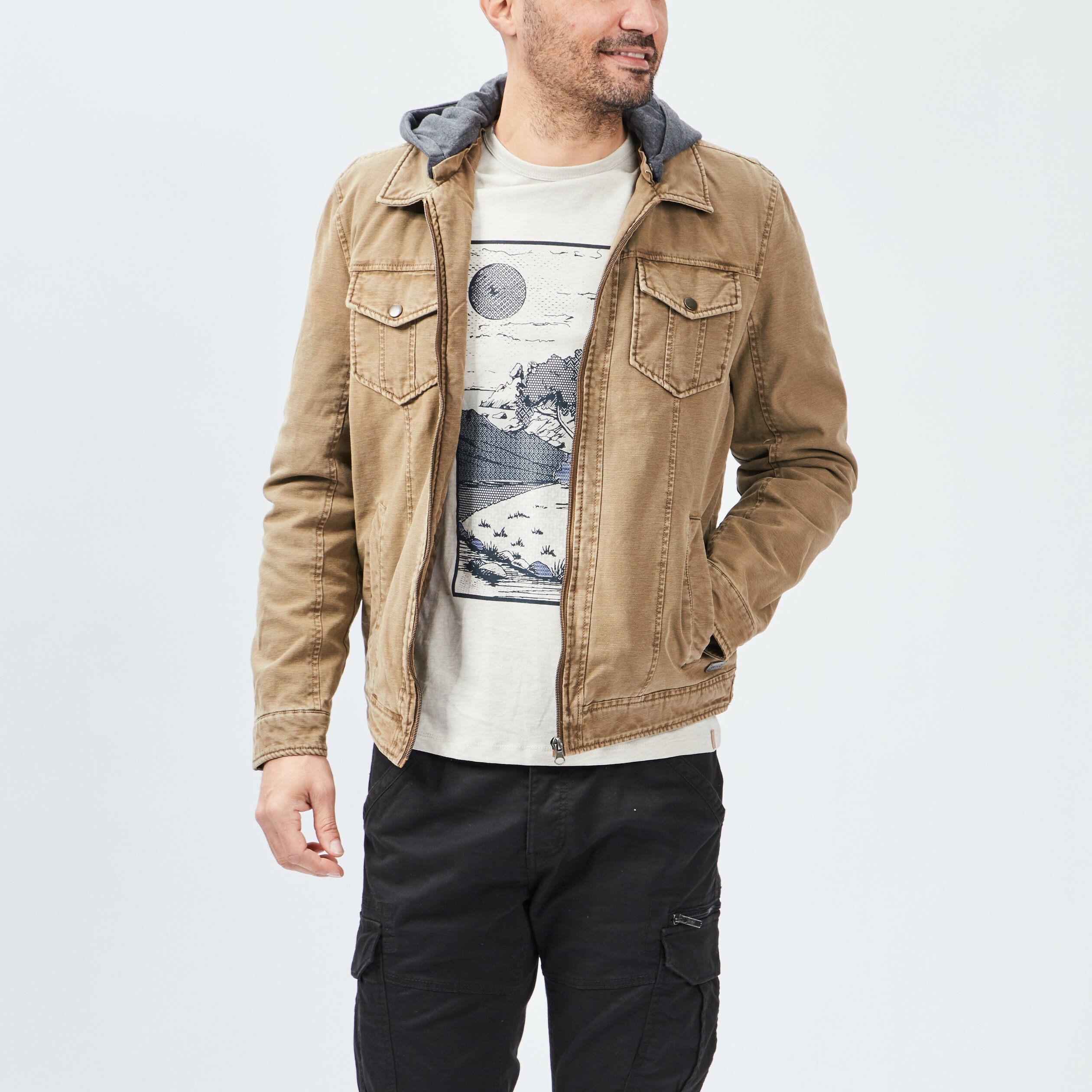 Blouson droit avec capuche Trappeur vert kaki homme