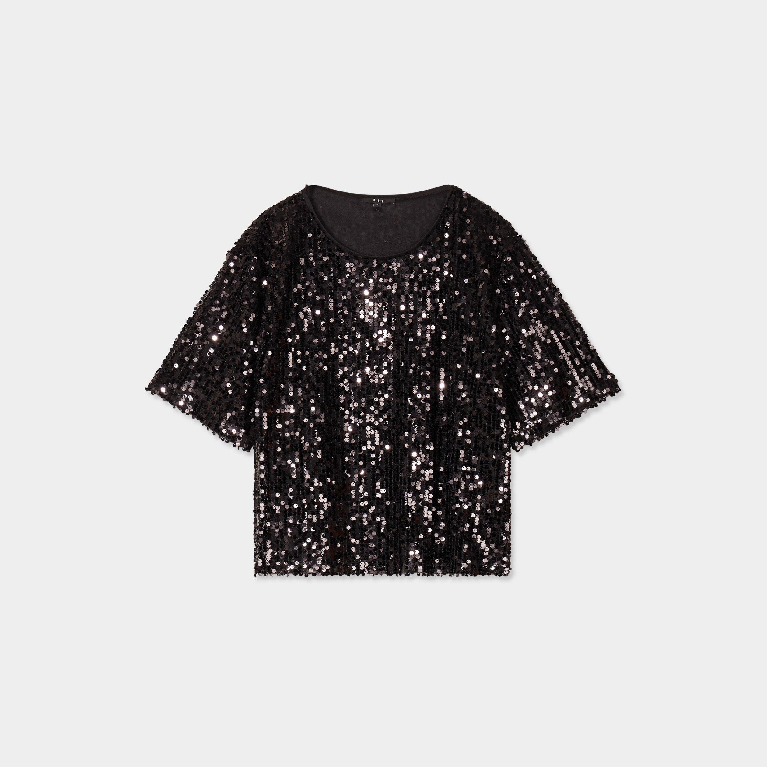 T shirt a sequins manches courtes droit noir femme