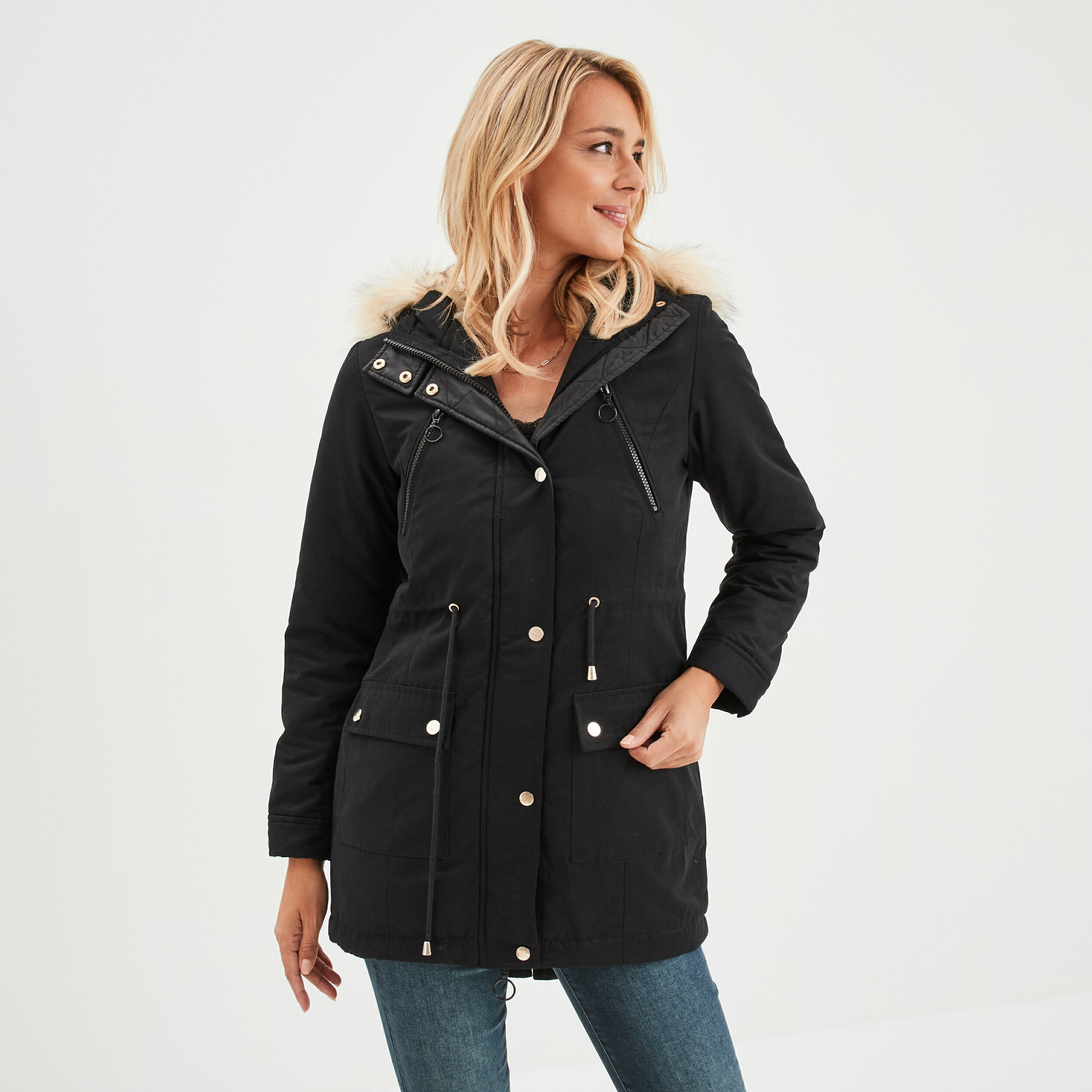 Shops parka noir capuche femme