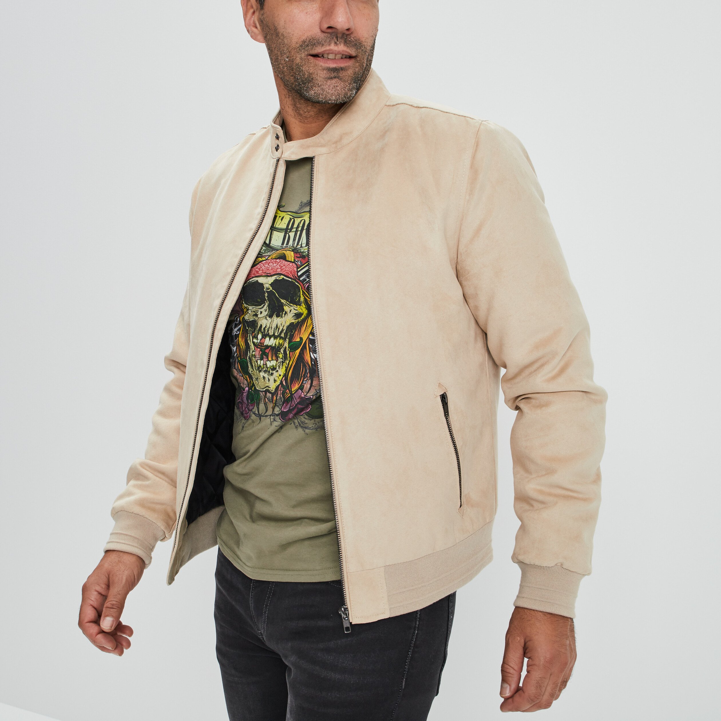 Blouson droit zippe aspect suedine beige homme