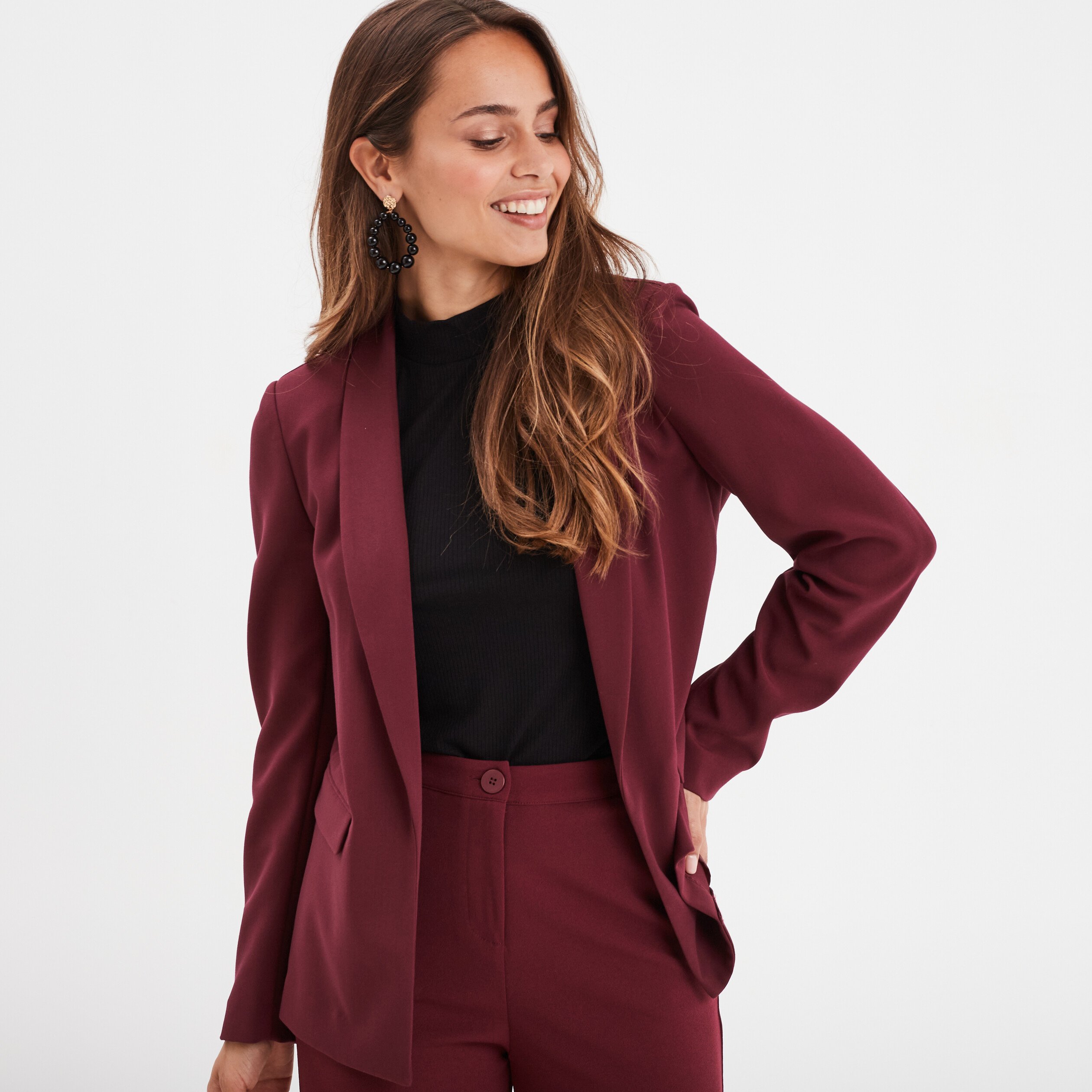 Veste tailleur col chale bordeaux femme