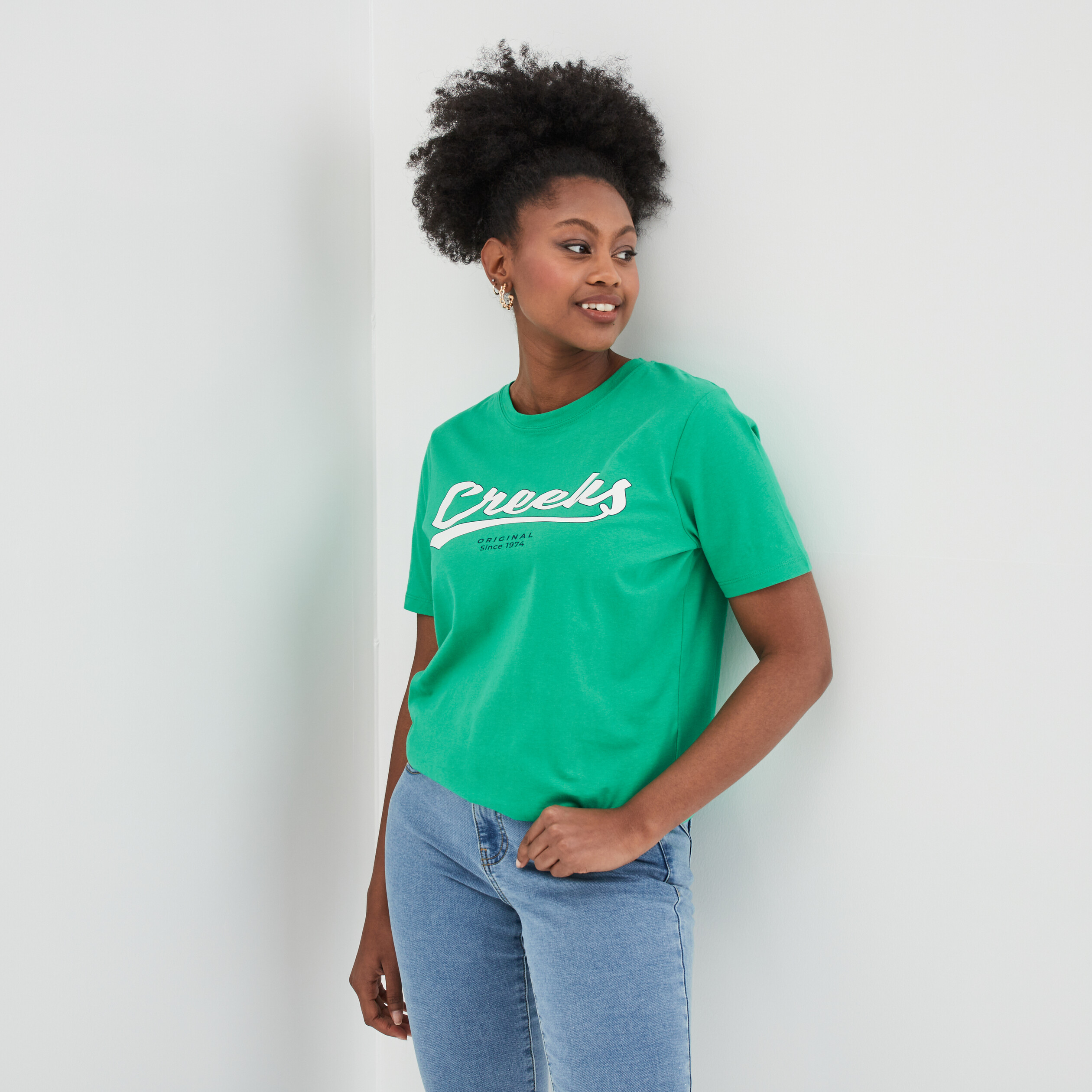 T shirt oversize col rond coton Creeks vert femme