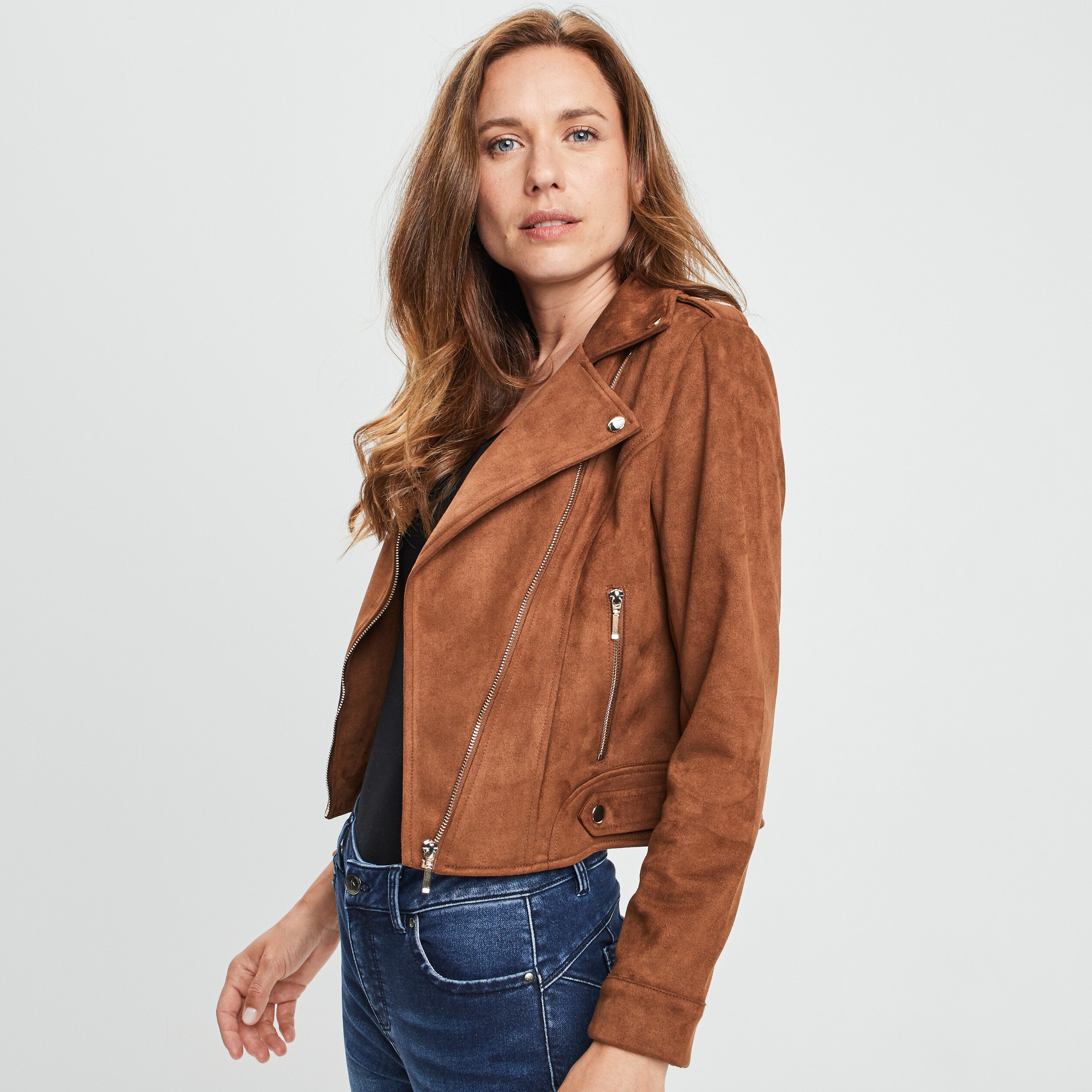 Veste courte esprit biker effet suedine camel femme La Halle