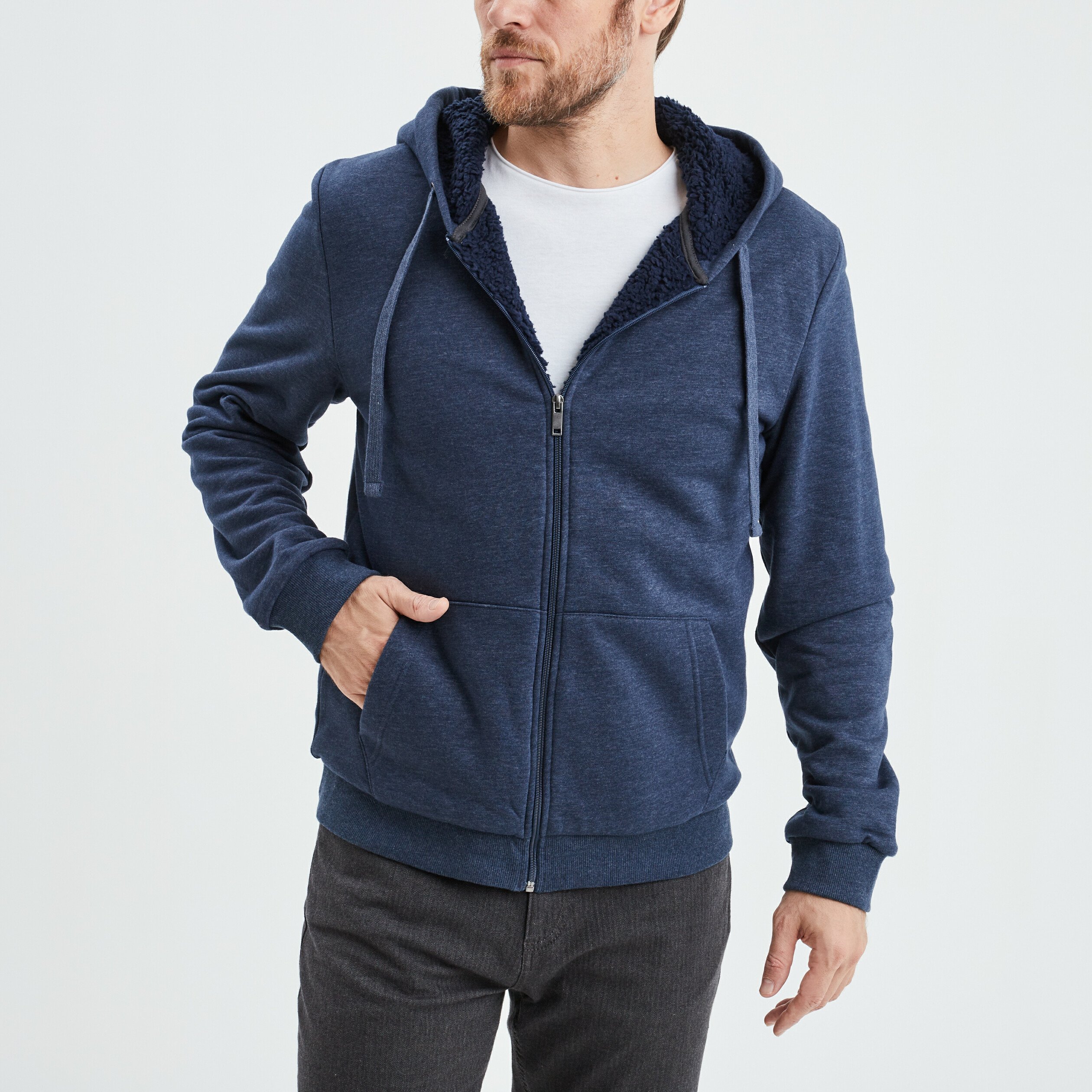 Sweat zippe a capuche doublure en sherpa bleu marine homme La Halle