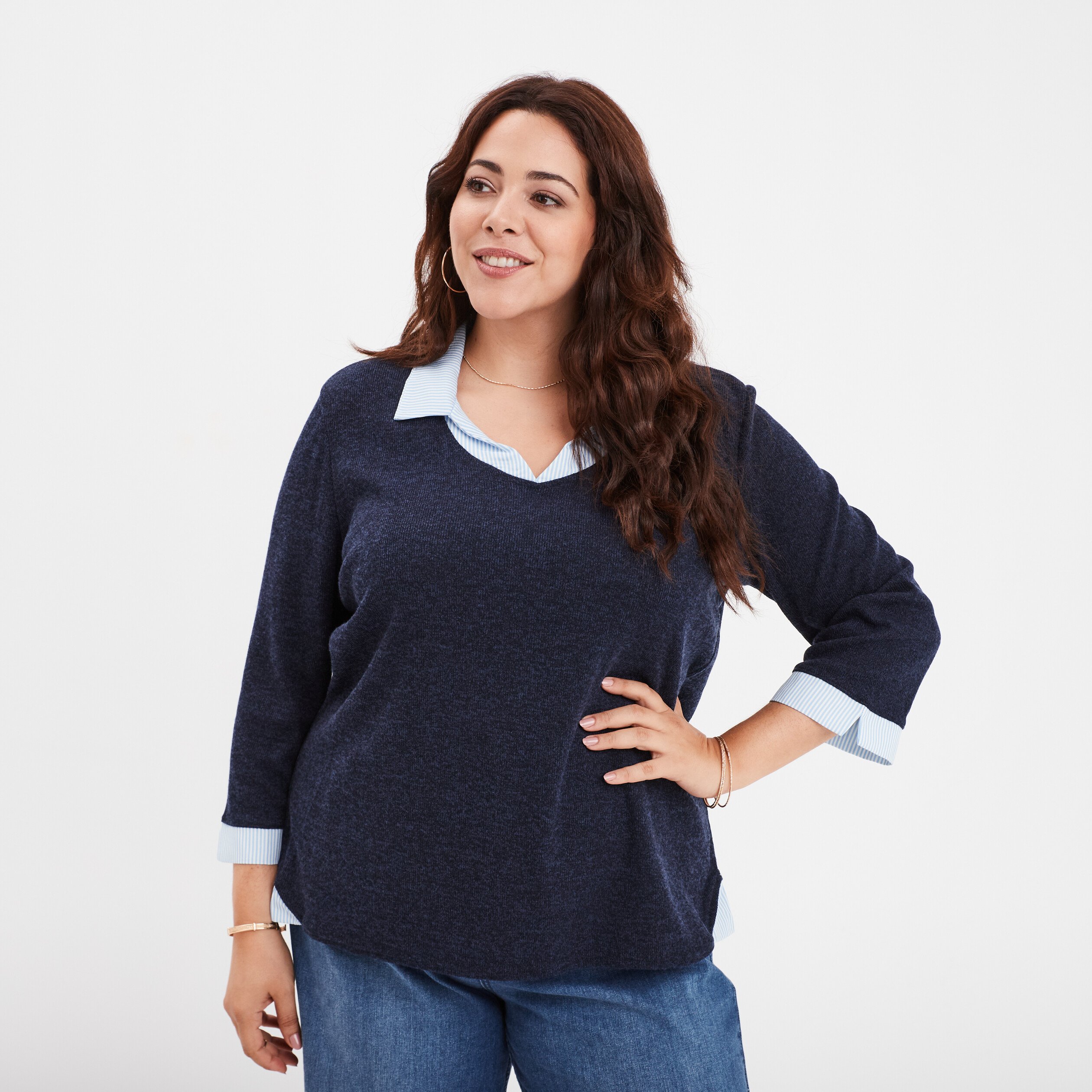 Pull effet 2 en 1 avec manches 3 4 bleu marine femme grande taille