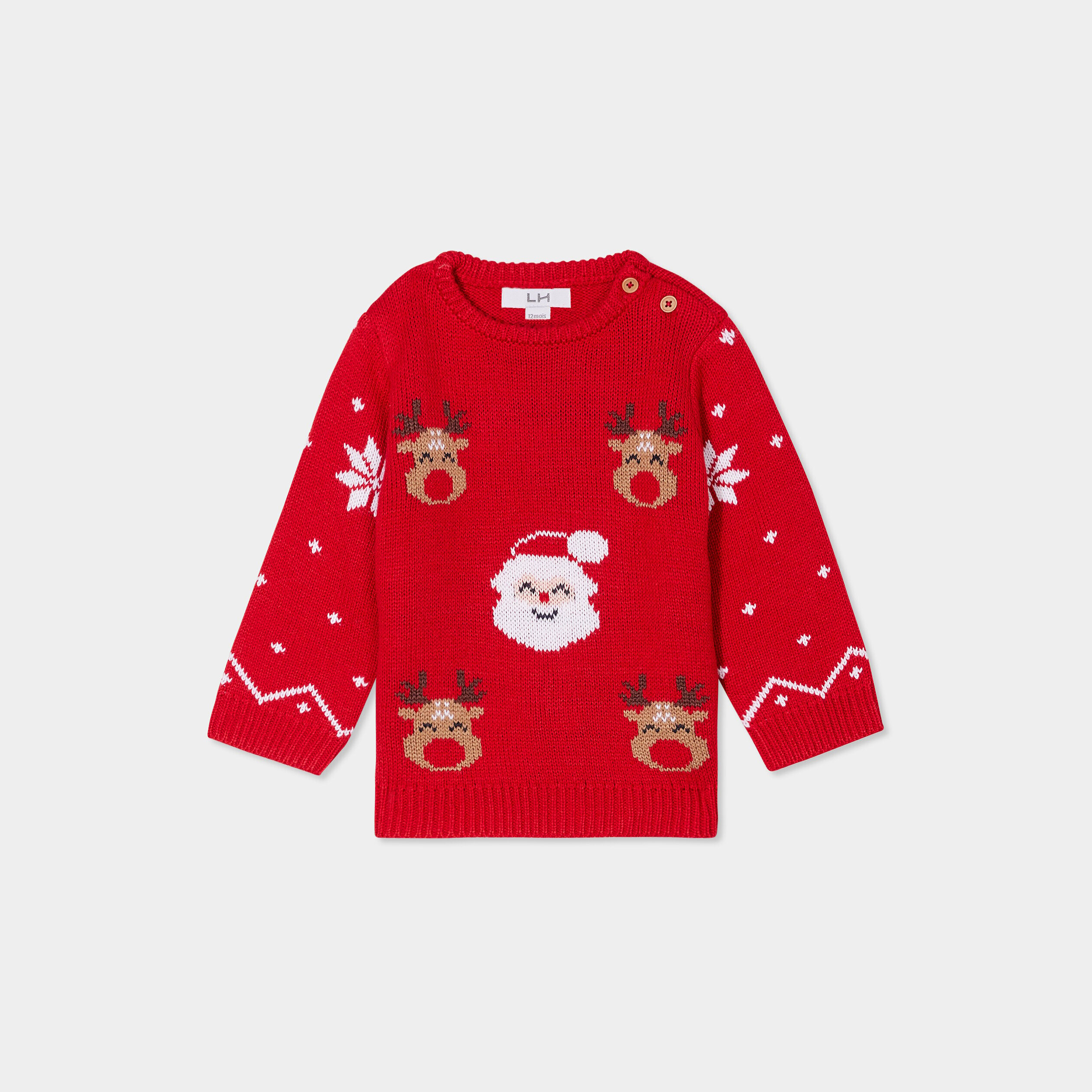 Pull de Noel epaule boutonnee col rond rouge bebe garcon