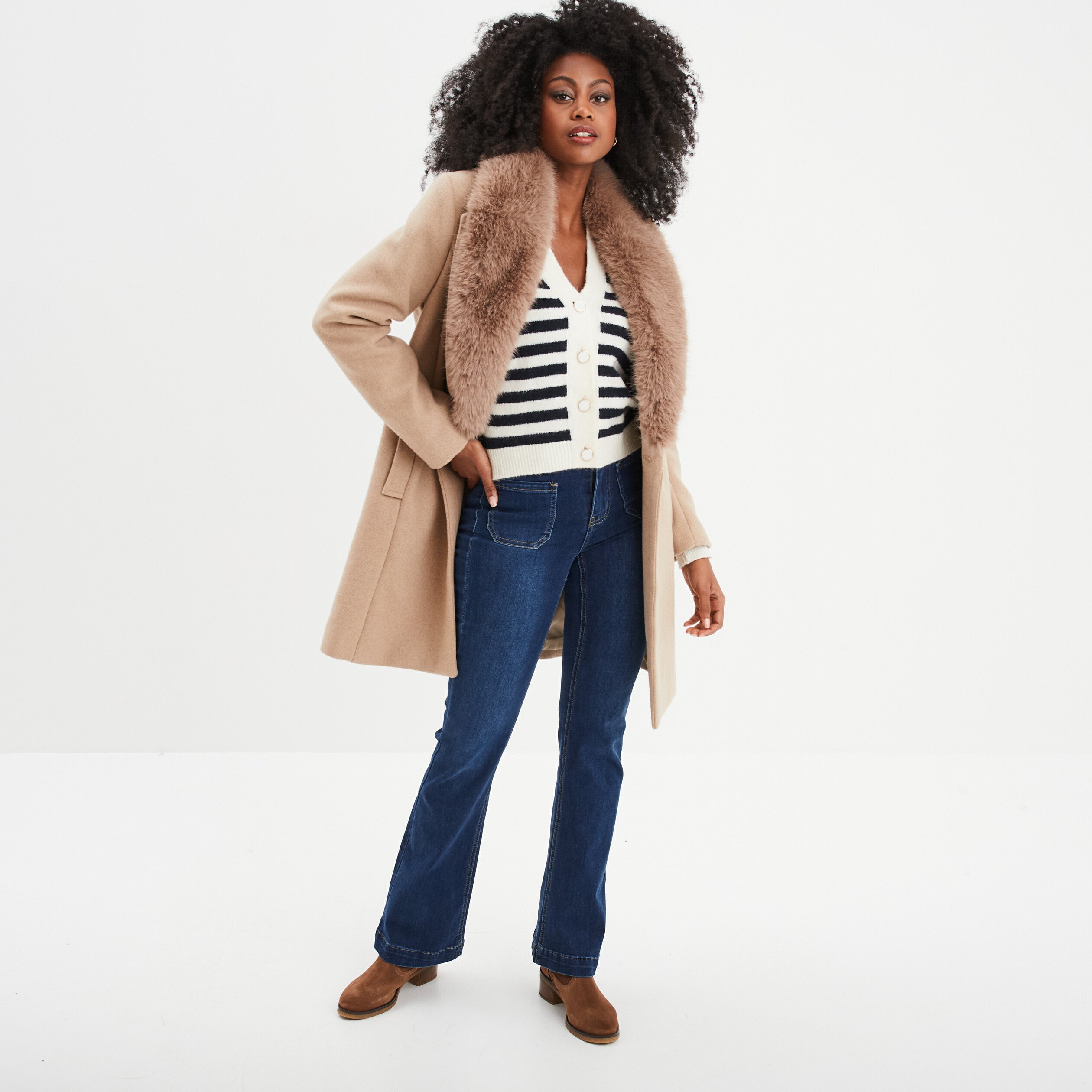 Manteau avec col fourre Mosquitos beige femme La Halle