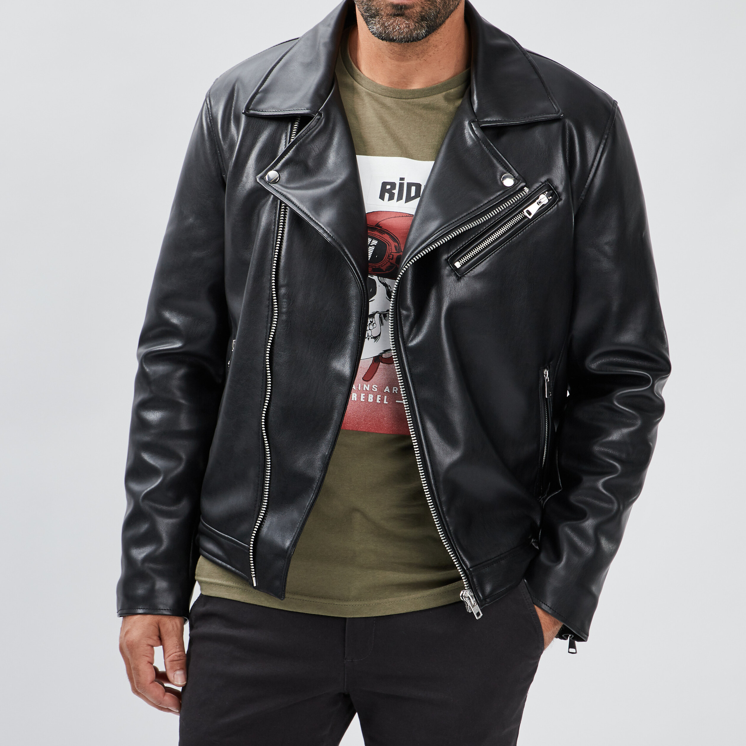 Veste style biker simili cuir zippee noir homme