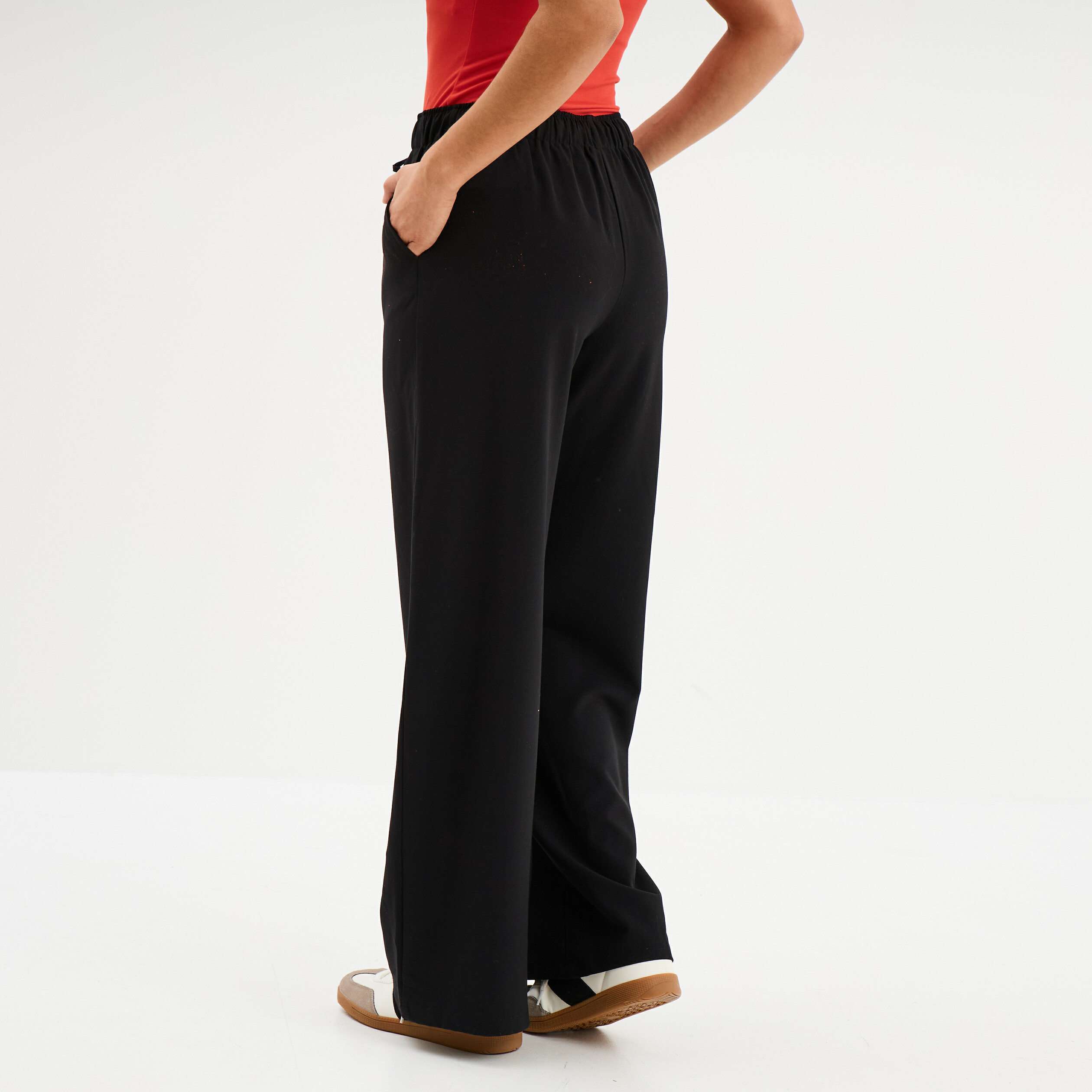 Pantalon crepe large taille elastiquee noir femme La Halle