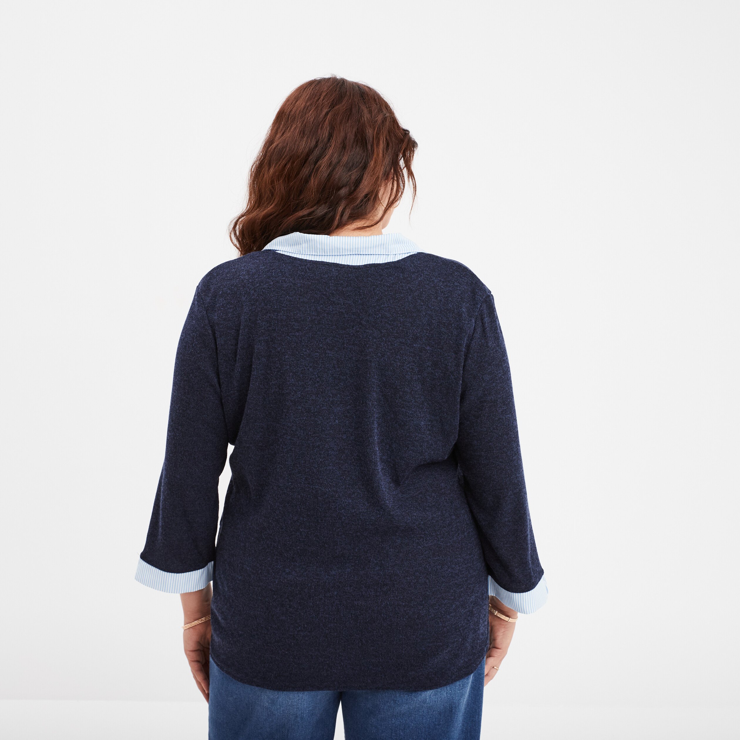 Pull effet 2 en 1 avec manches 3 4 bleu marine femme grande taille La Halle