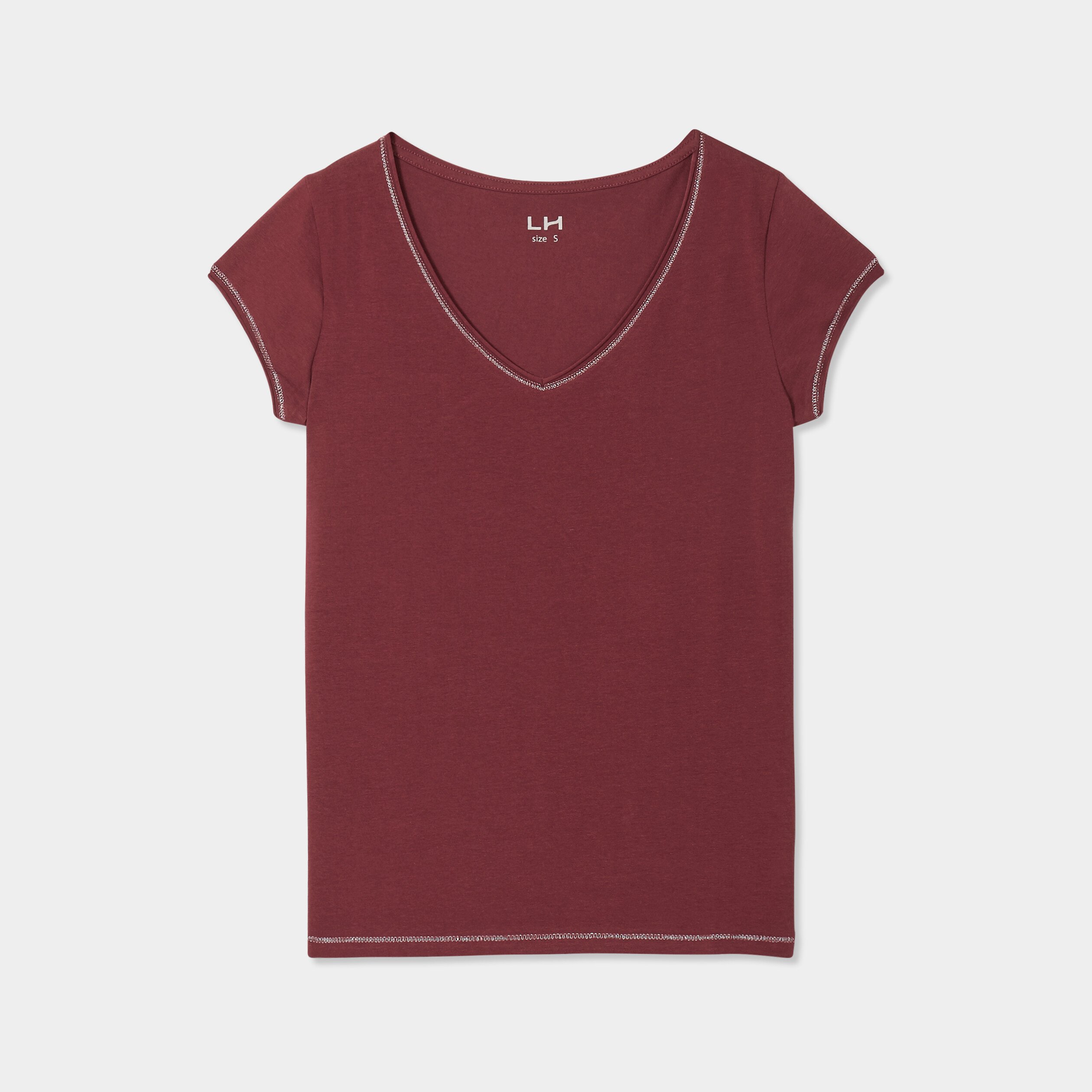 T shirt col V ajuste manches courtes bordeaux femme