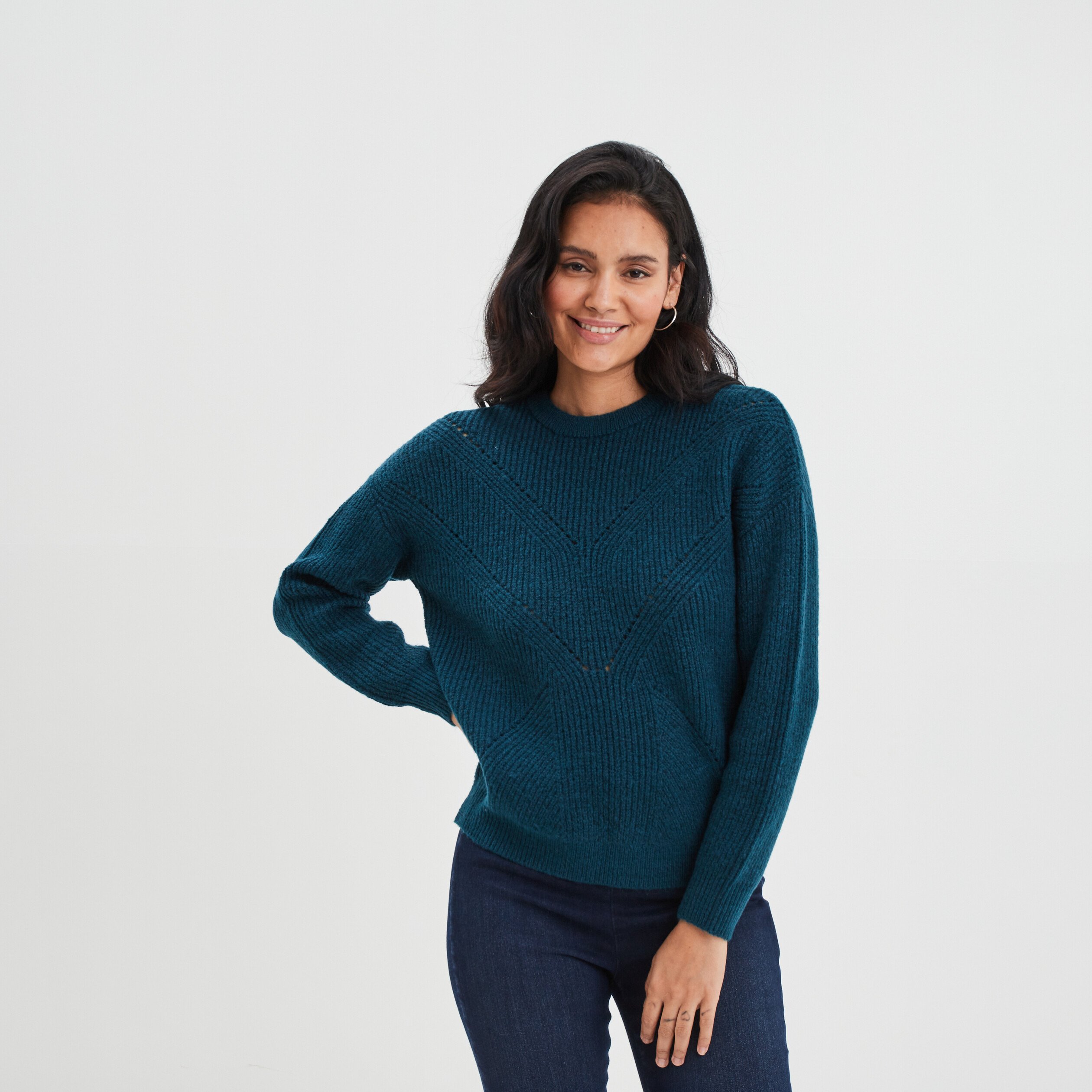 Pull col rond aspect laineux bleu canard femme La Halle