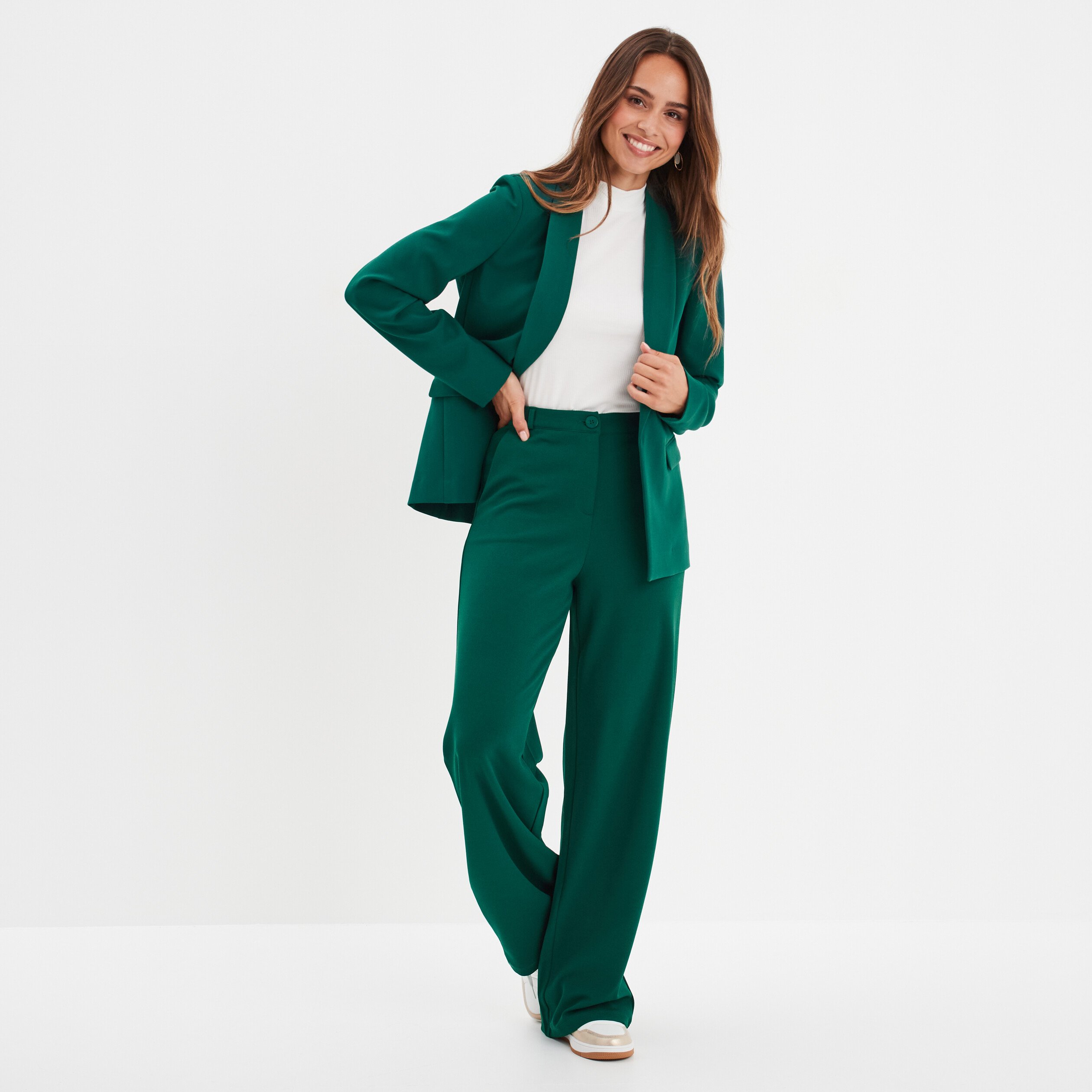 Pantalon large fluide taille elastiquee vert fonce femme