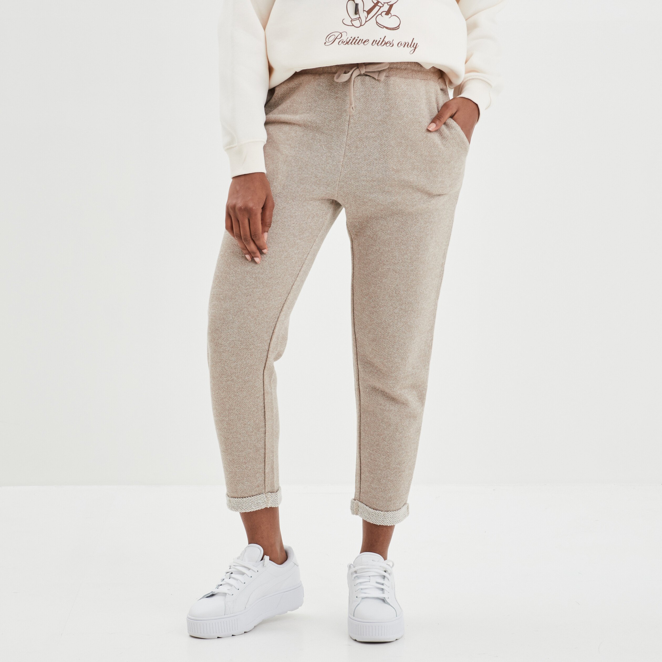 Pantalon jogging taille haute beige femme La Halle