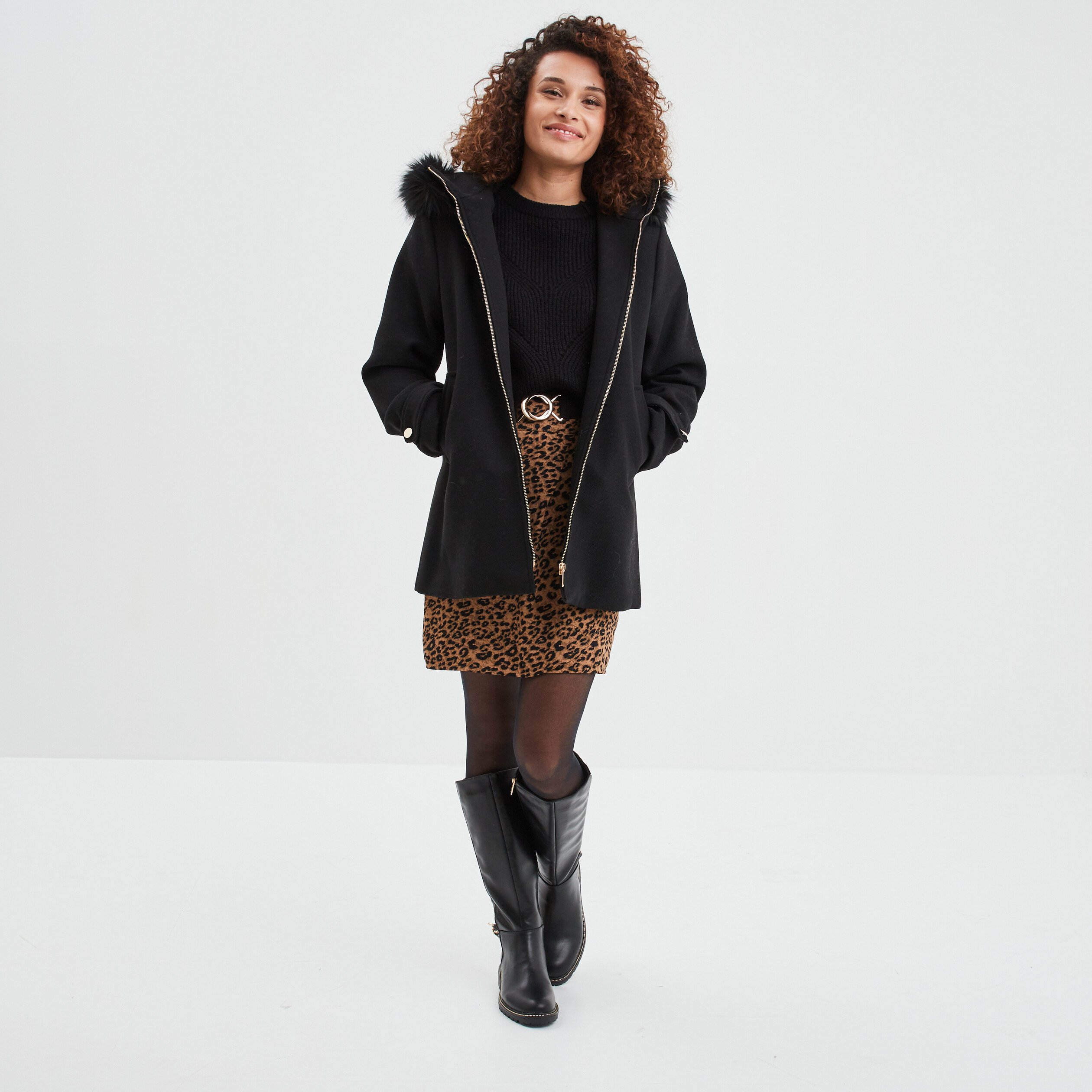 Manteau femme noir capuche fourrure noire best sale