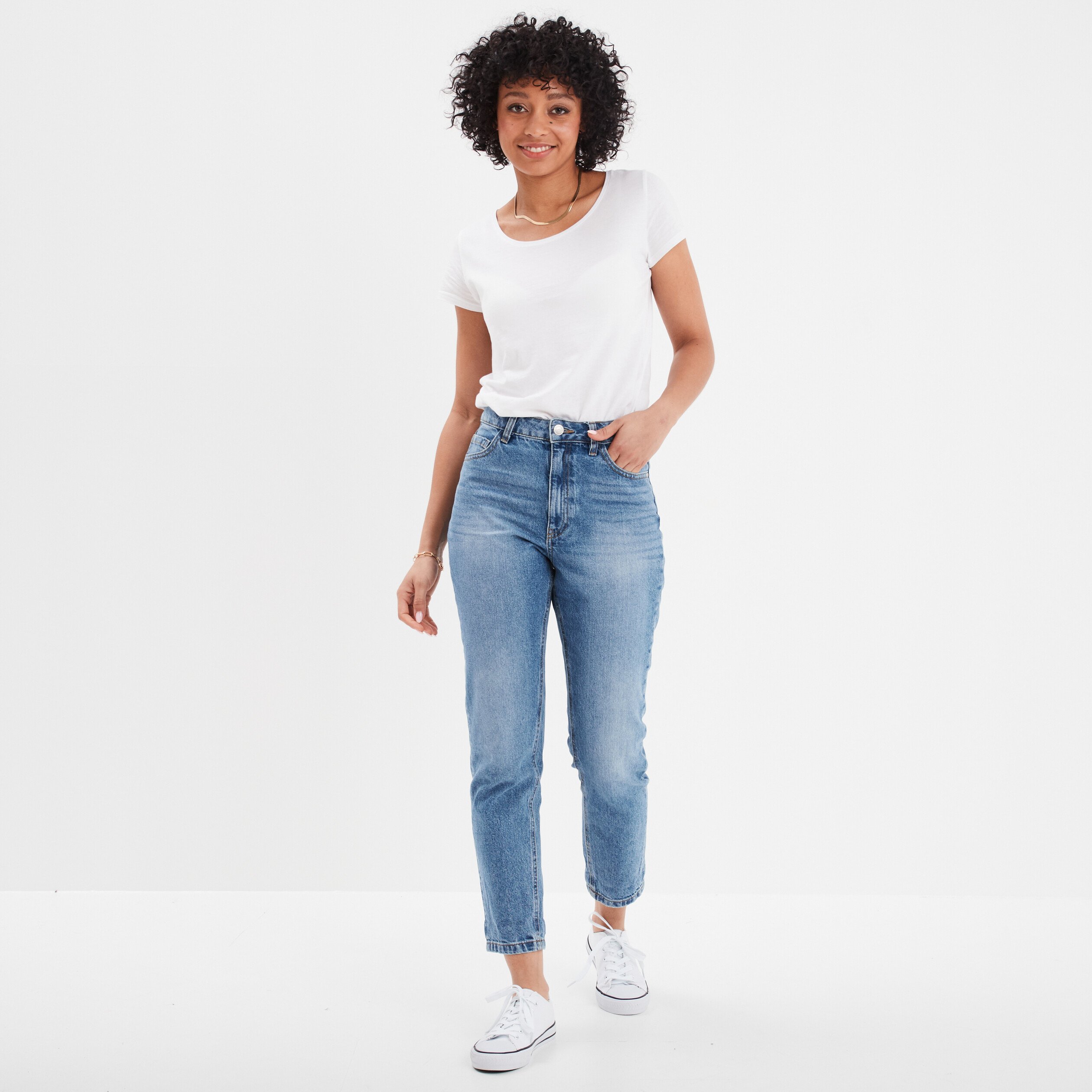 Jeans mom 7 8eme taille haute coton denim double stone femme La Halle