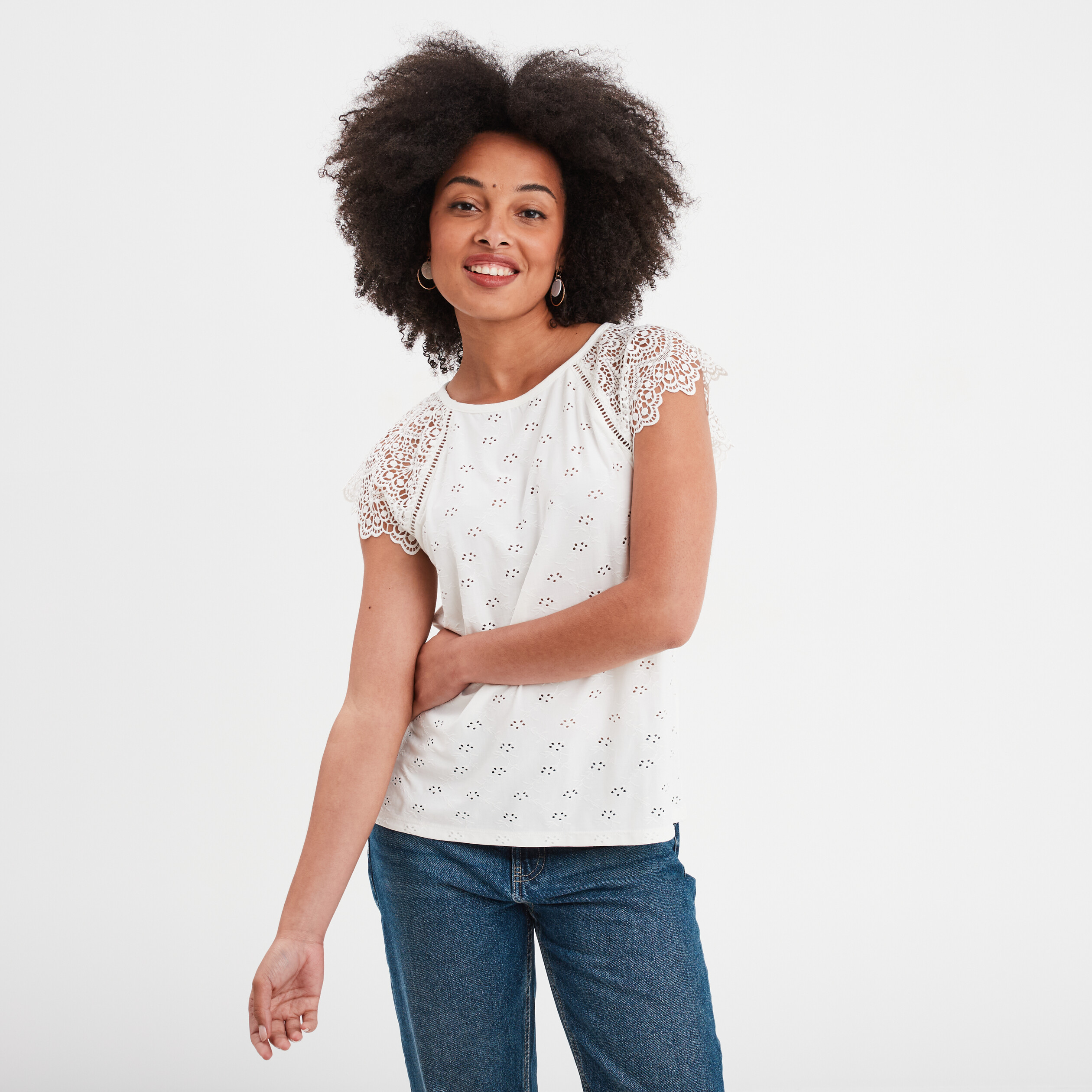 T shirt manches courtes dentelle blanc femme