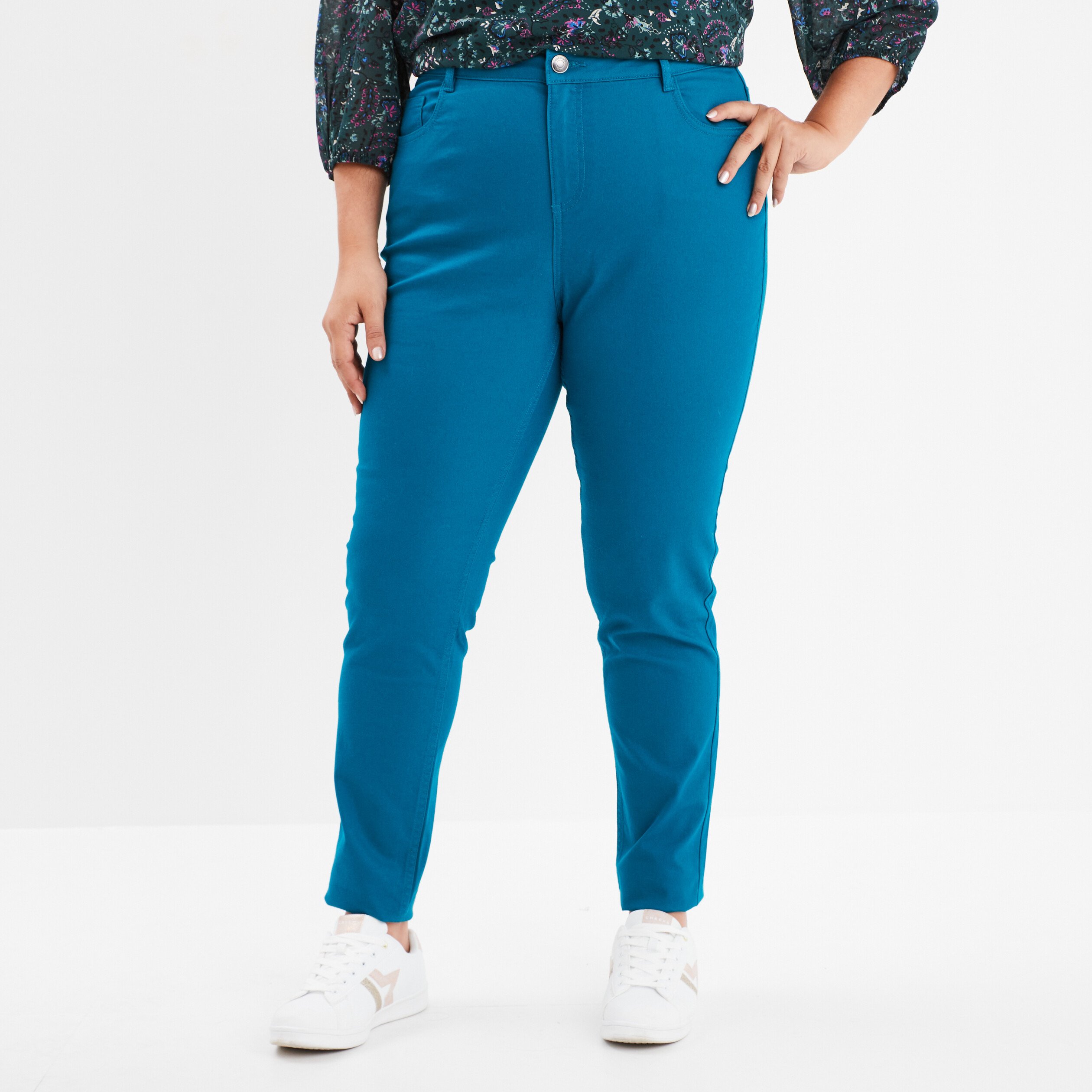 Pantalon slim taille haute et elastiquee bleu canard femme grande taille La Halle