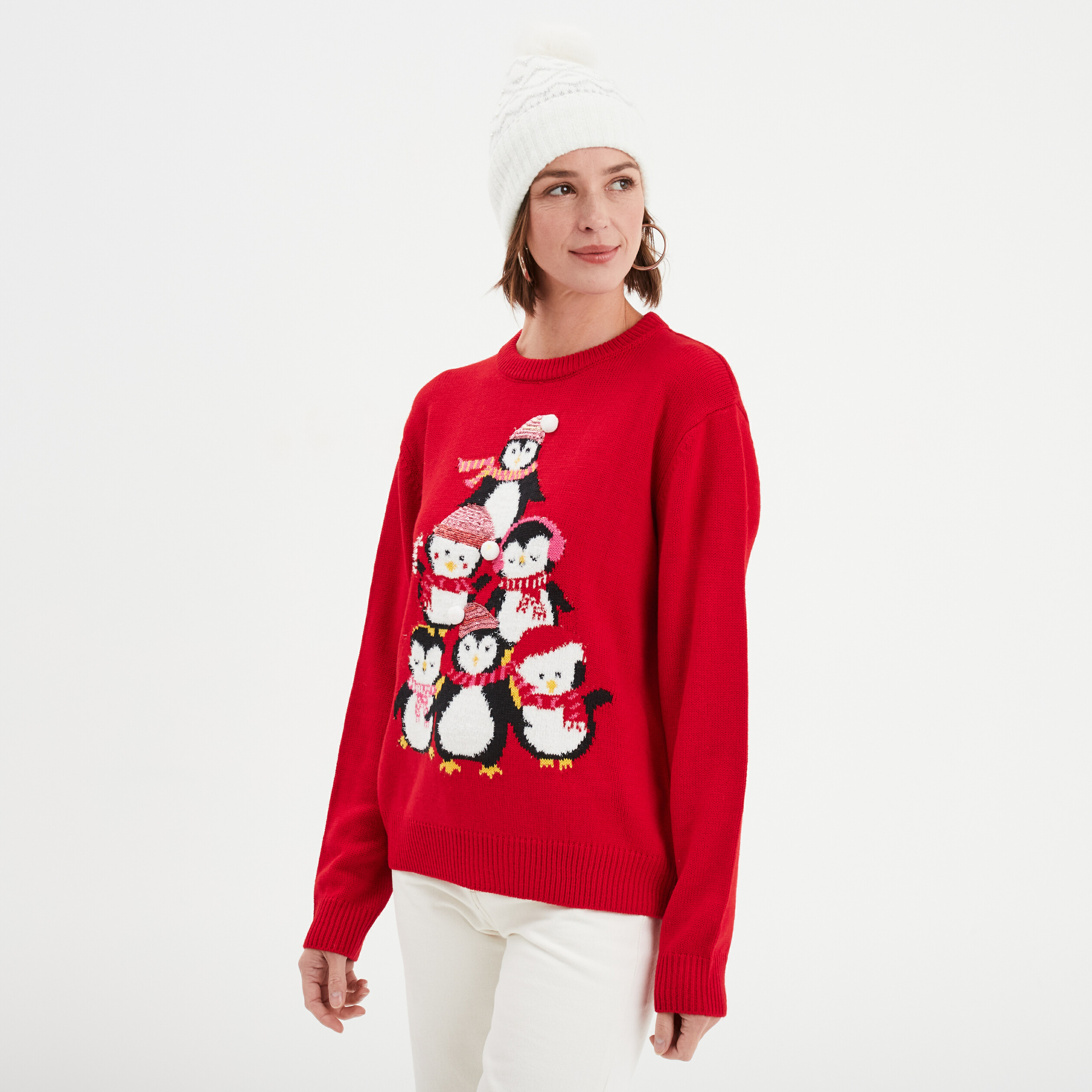 Pull Noel col rond avec sequins rouge femme La Halle