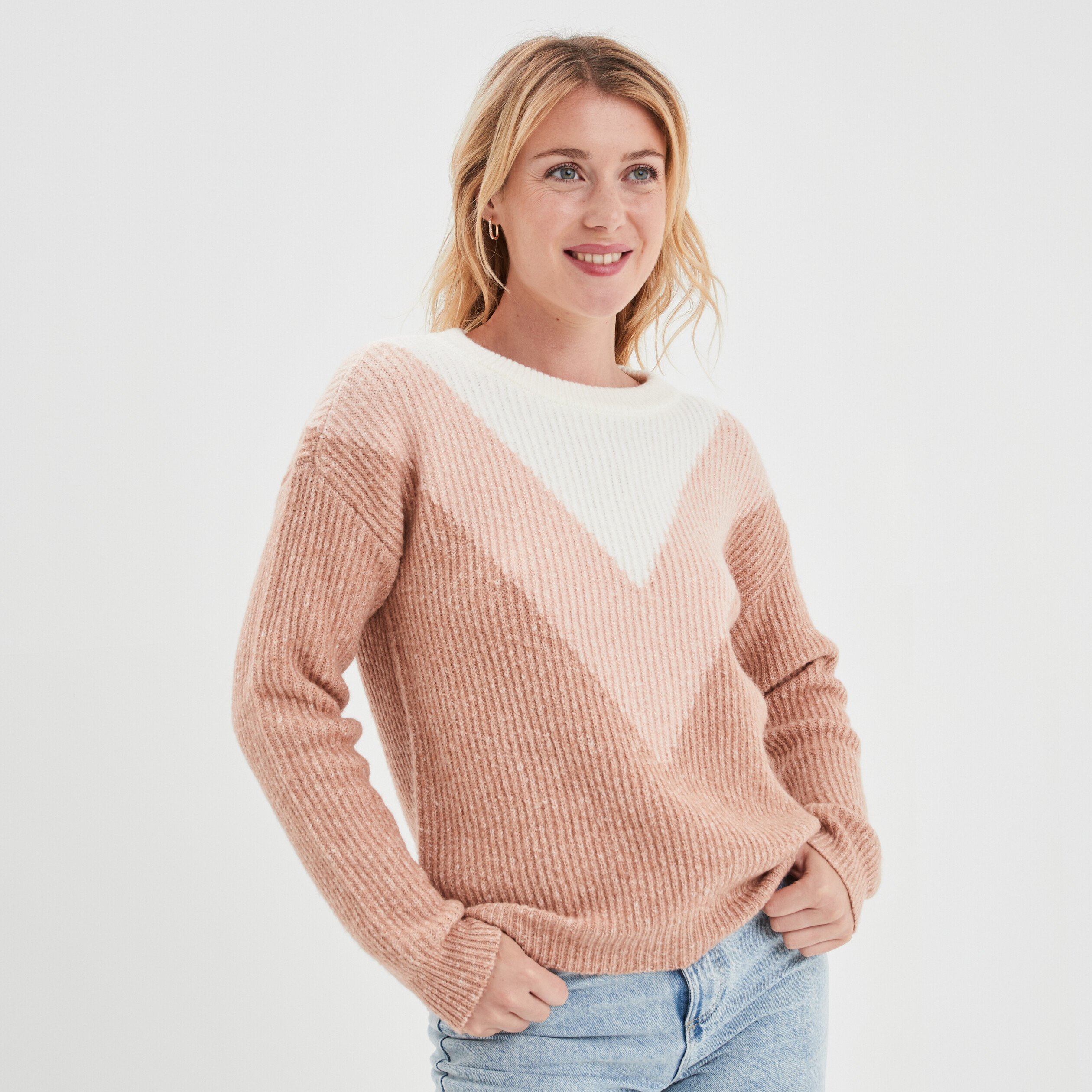 Pull manches longues col rond rose clair femme