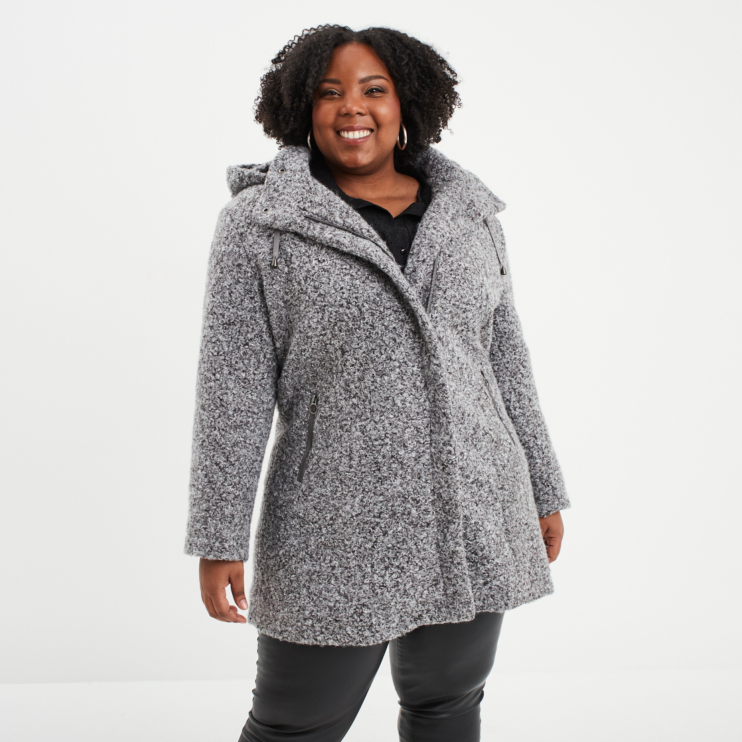 Manteau aspect bouclette a capuche gris femme grande taille