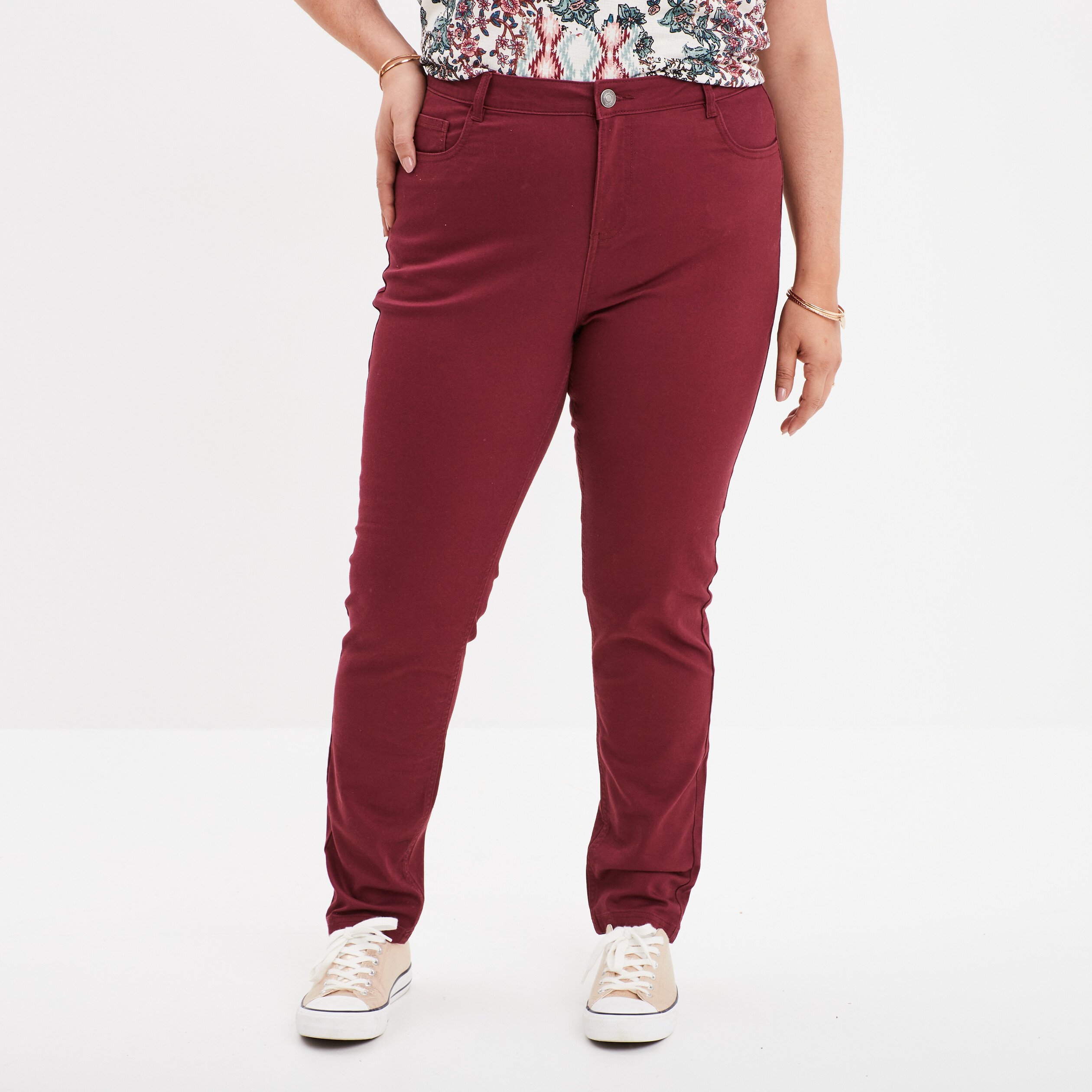 Pantalon slim taille haute et elastiquee bordeaux femme grande taille La Halle