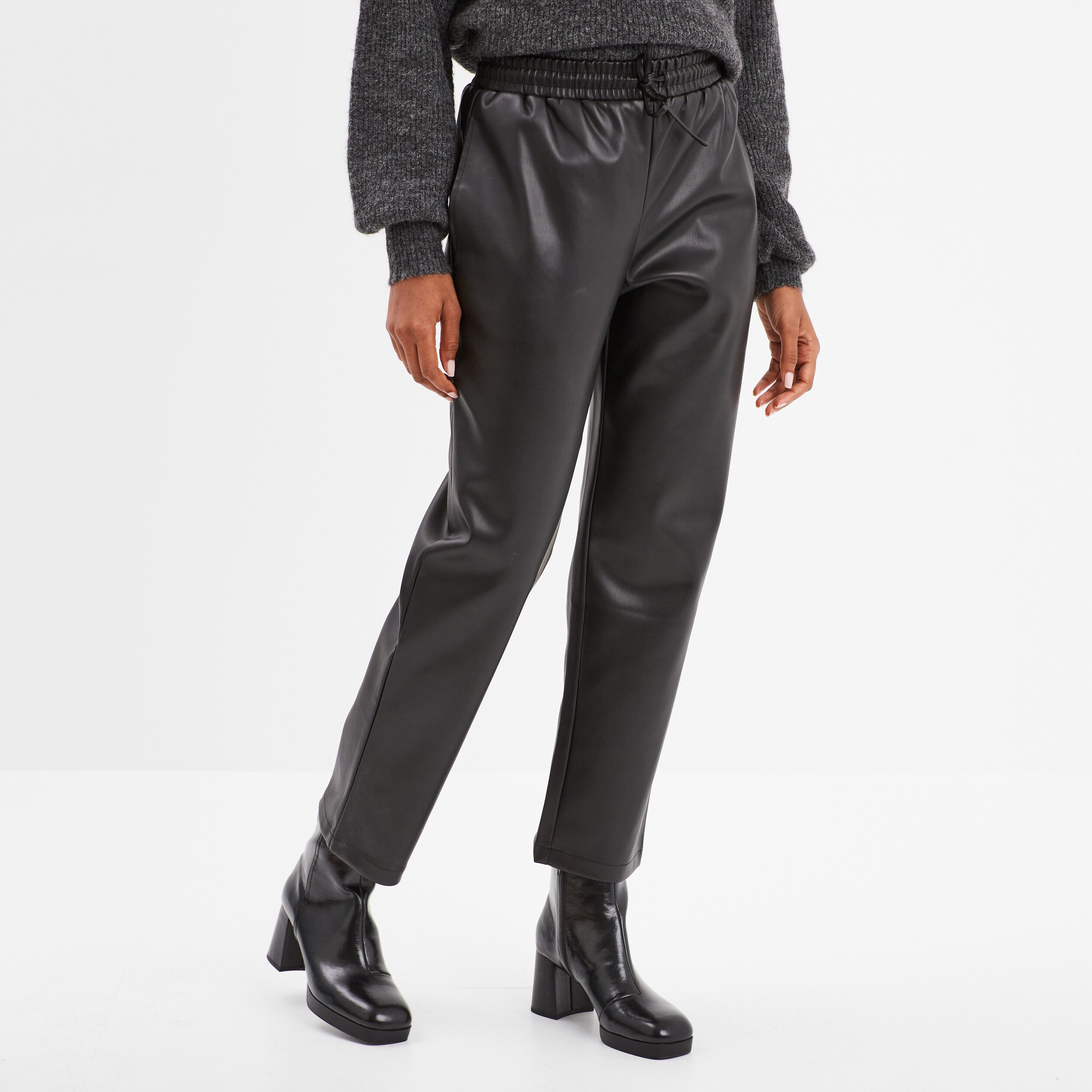 Pantalon simili cuir taille elastiquee noir femme