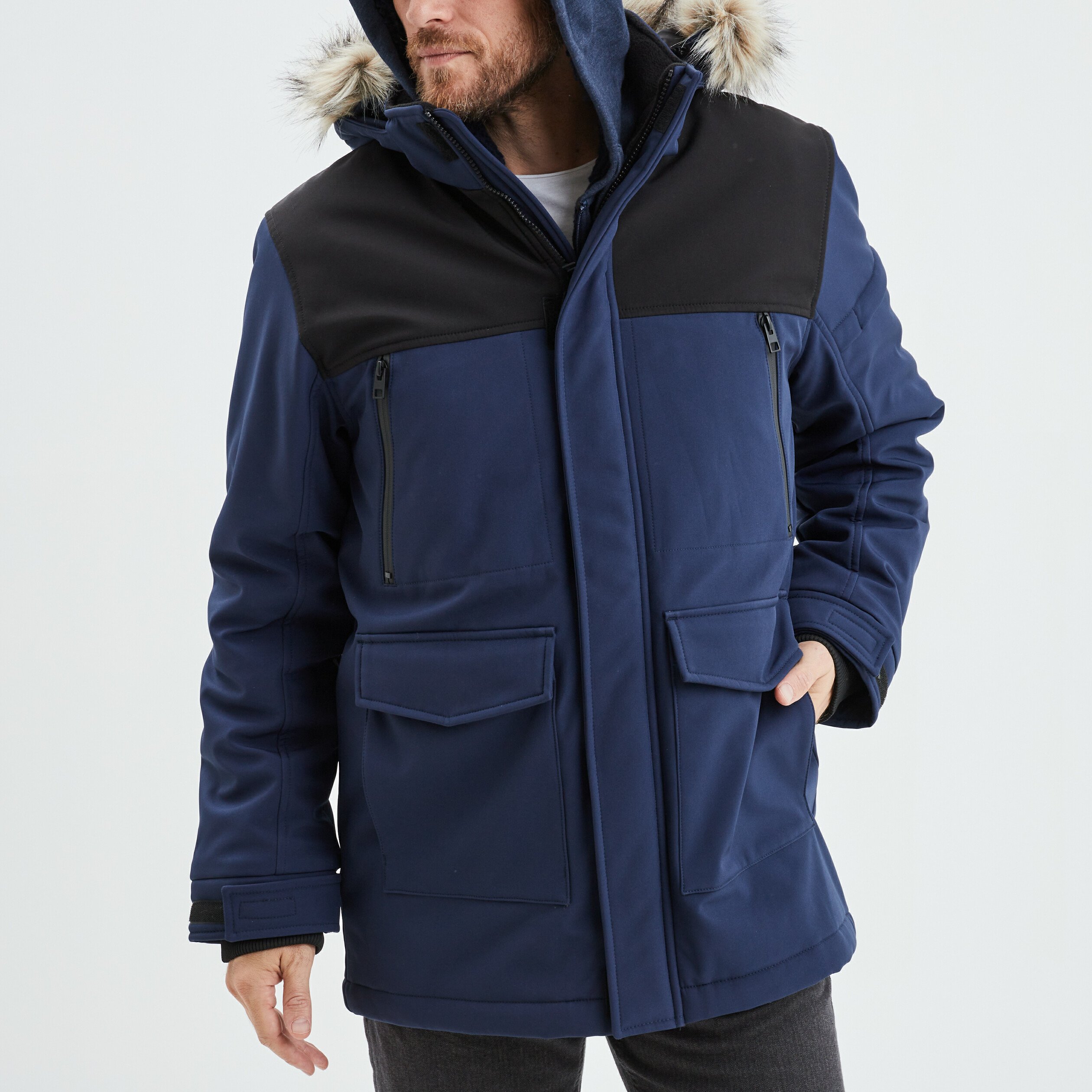 Parka avec capuche fourrure amovible bleu fonce homme La Halle