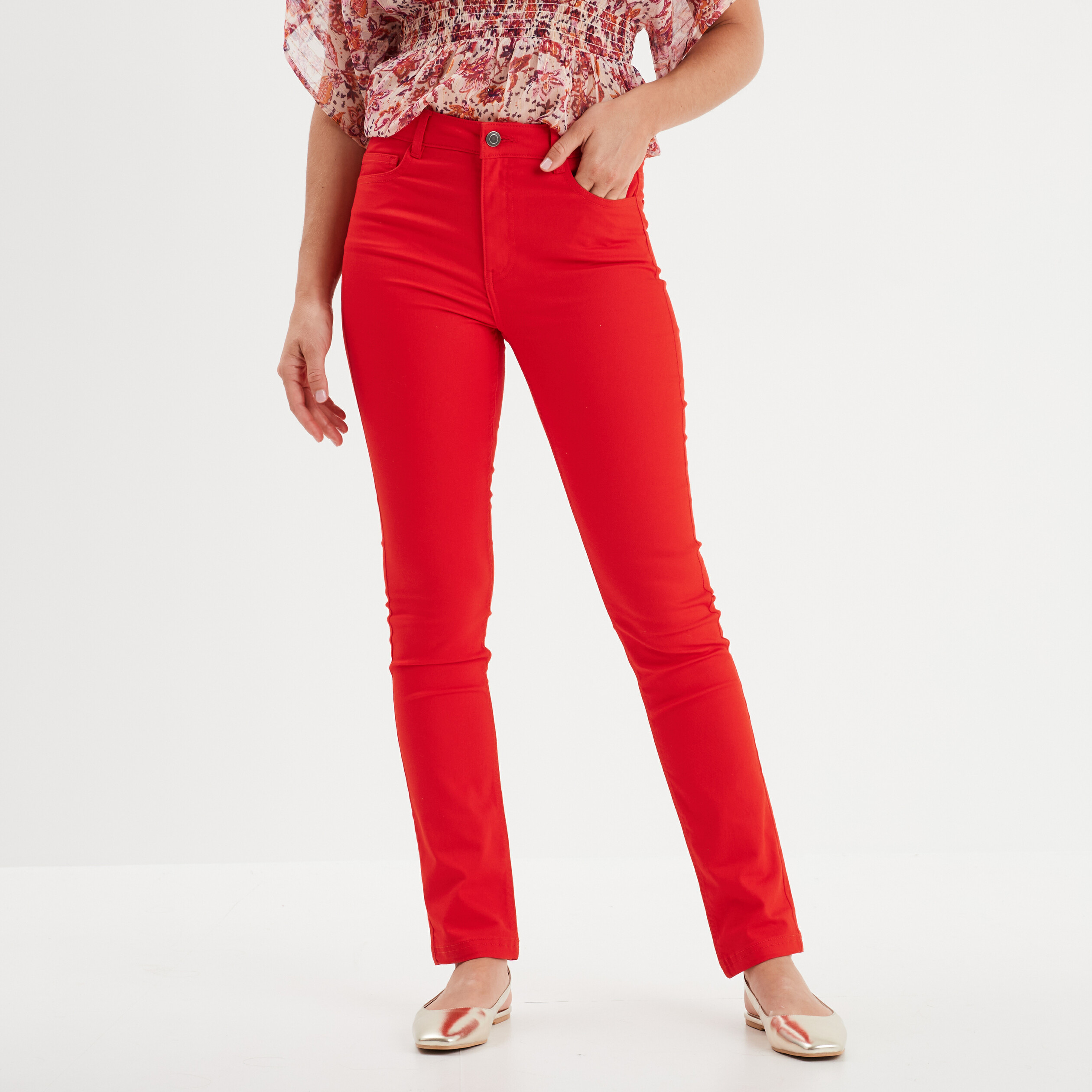 Pantalon slim taille basse 5 poches rouge femme