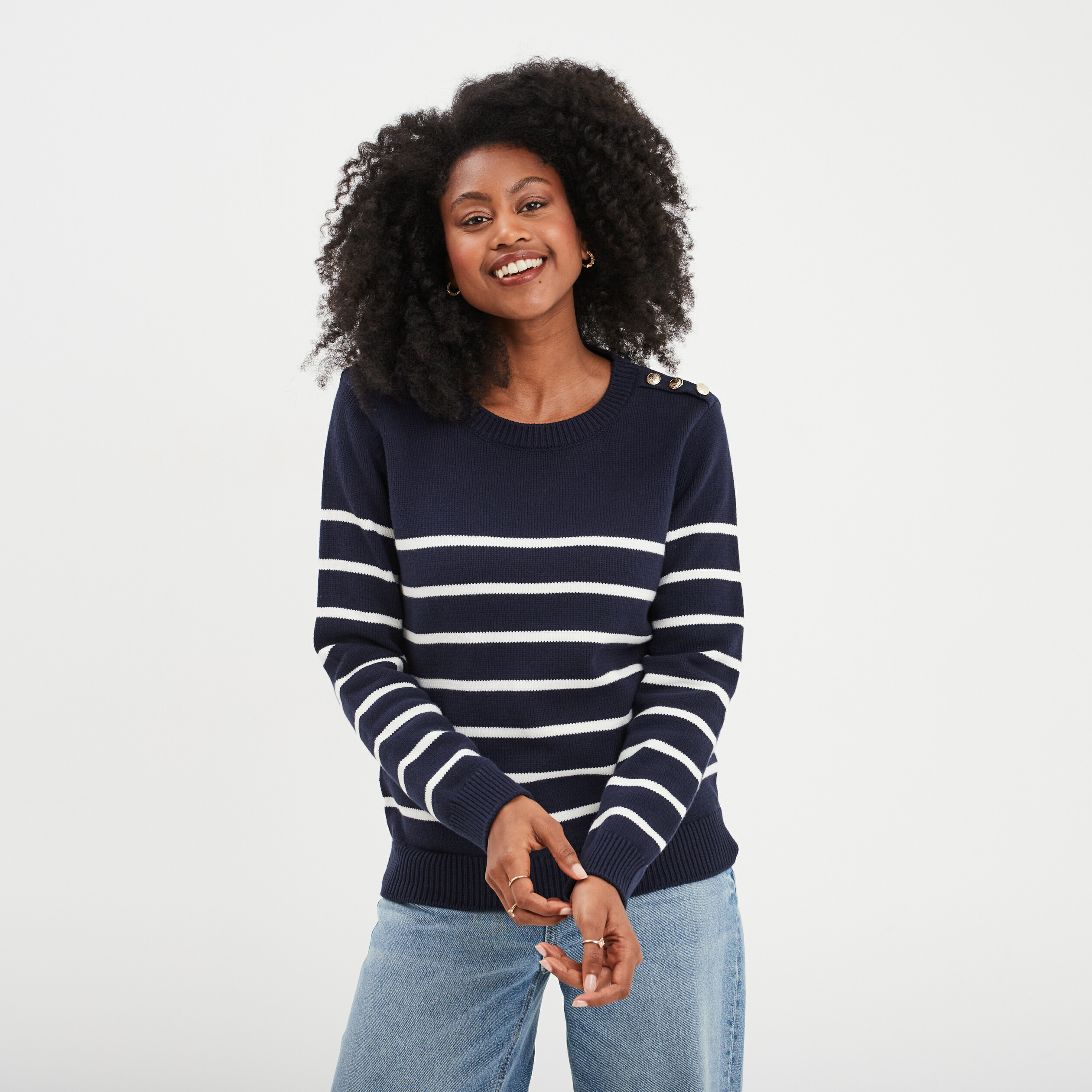 Pull col rond boutons epaule Creeks bleu marine femme La Halle