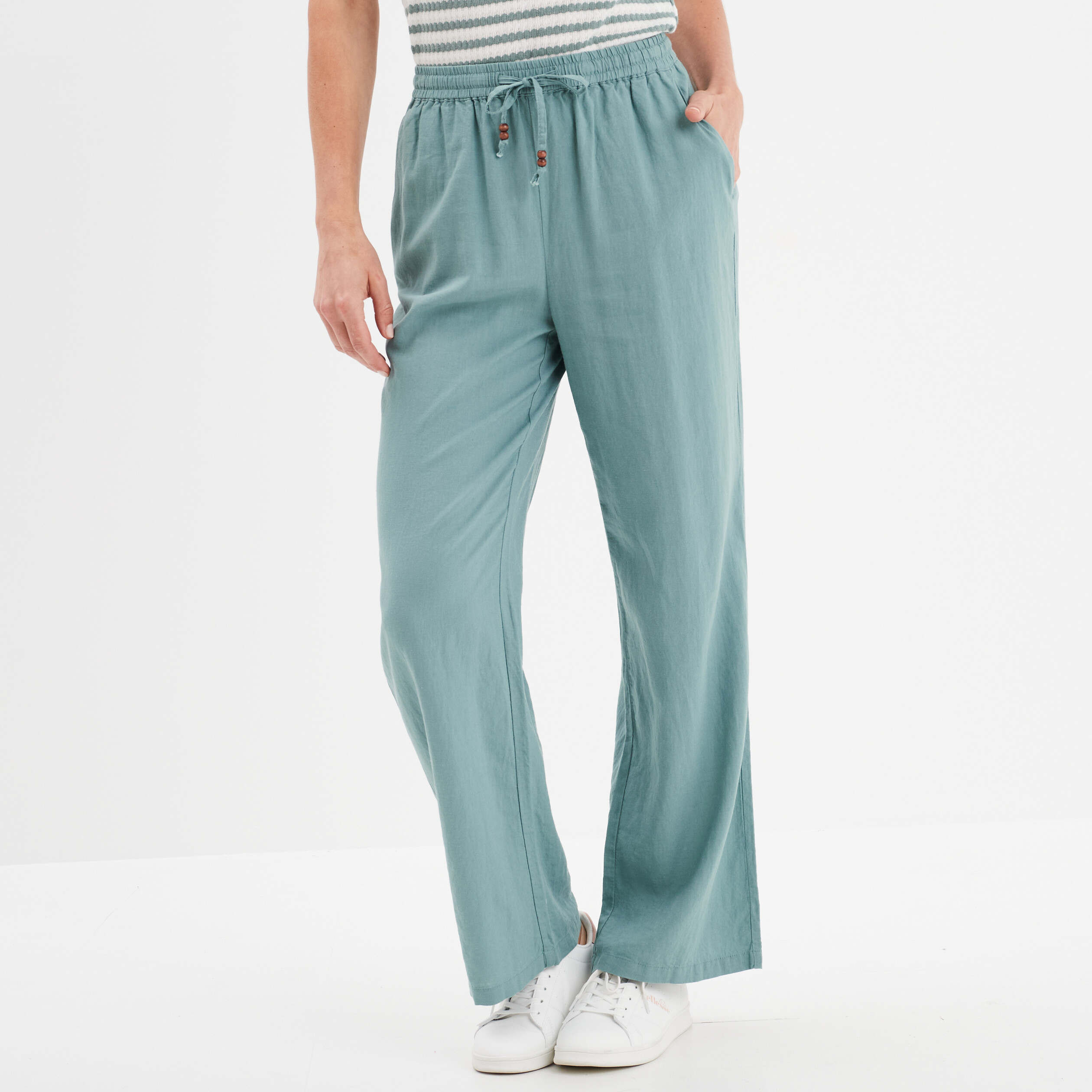 Pantalon en lin large taille coulisse bleu gris femme La Halle