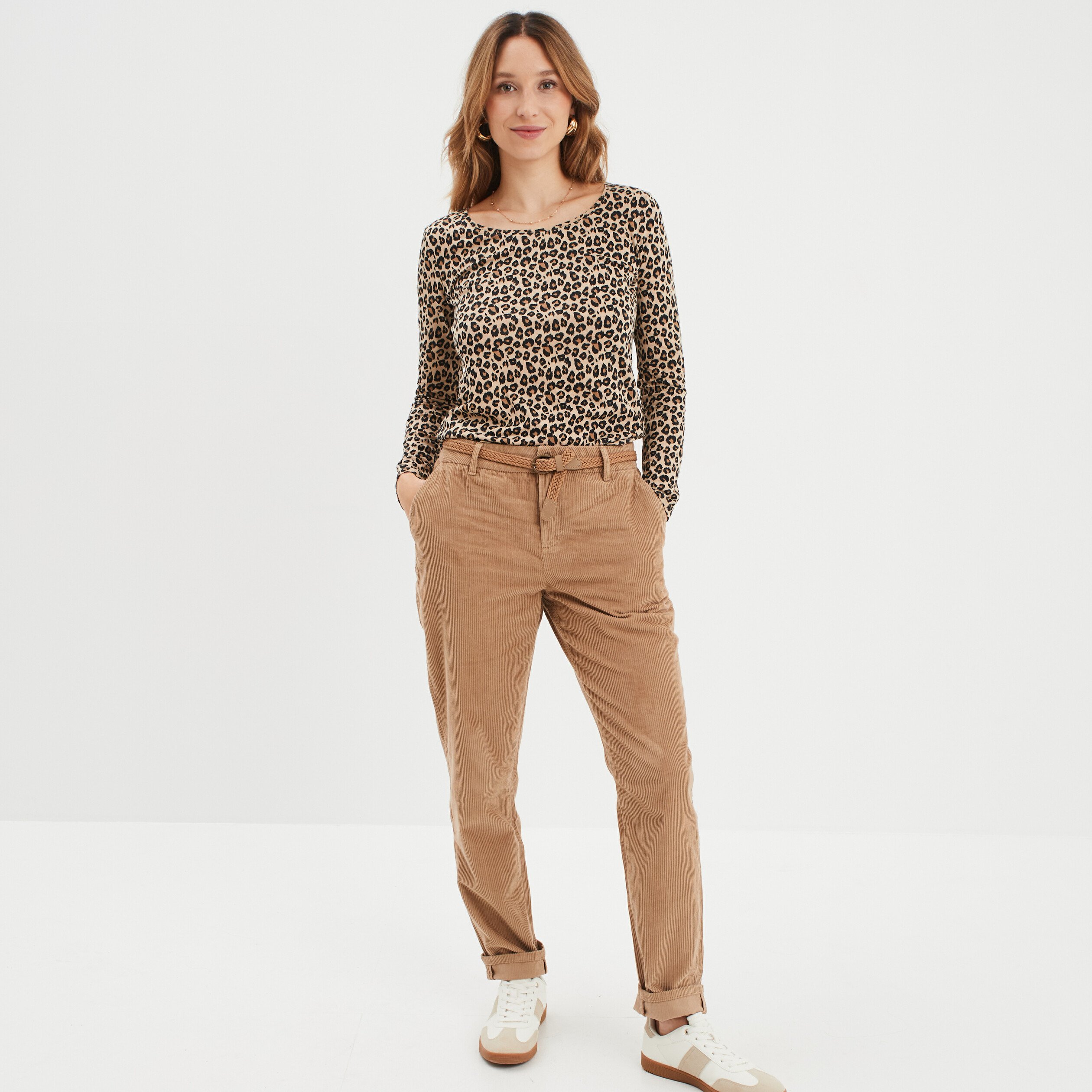 Pantalon chino ceinture effet velours beige femme La Halle