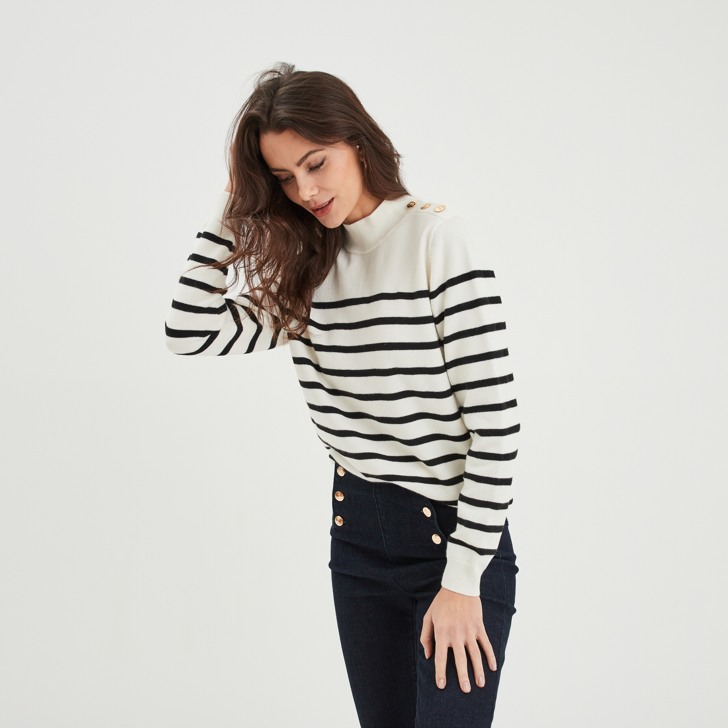 Pull col montant boutons ecru femme