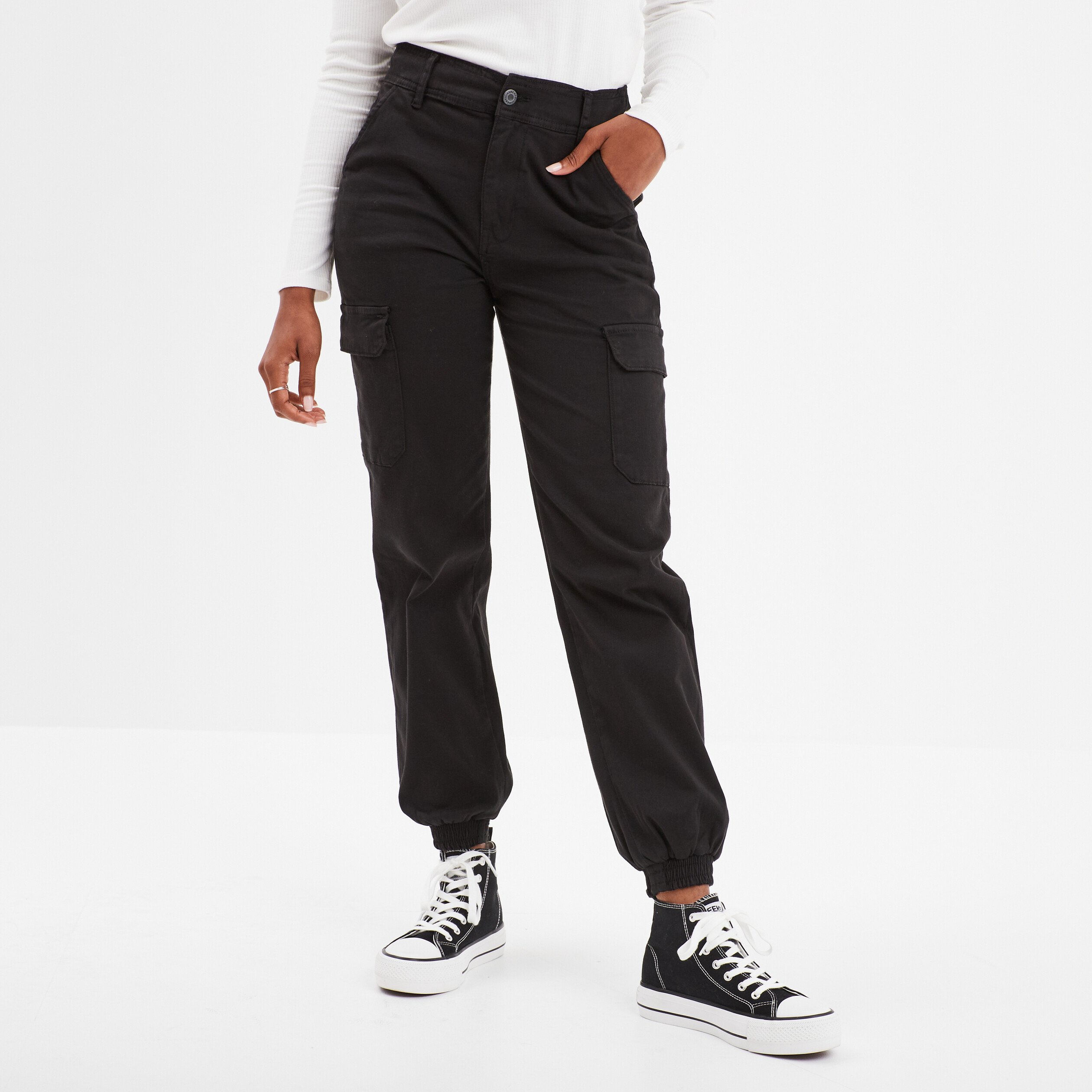 Pantalon cargo taille haute ajustable noir femme La Halle