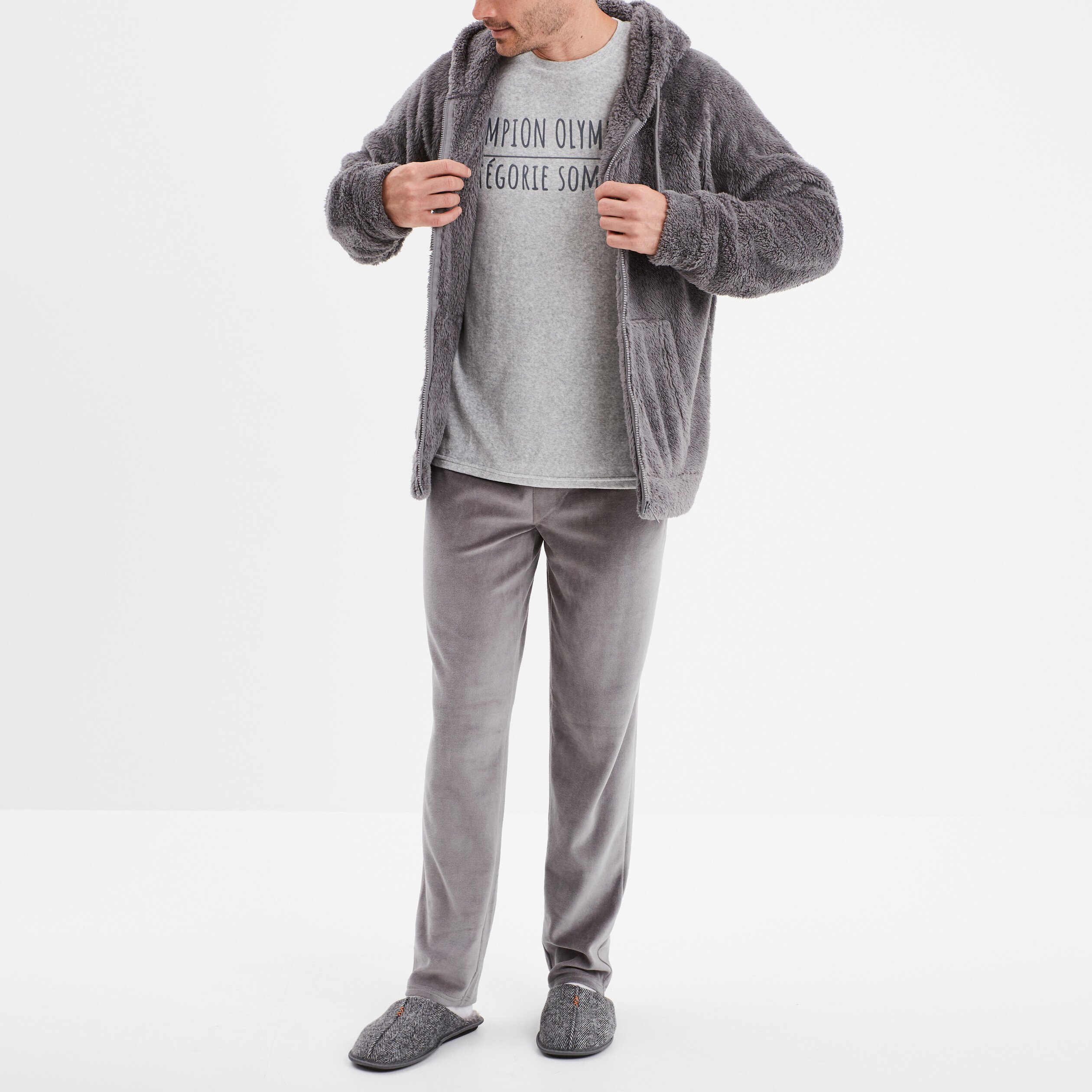 Veste de pyjama polaire a capuche zippe gris fonce homme La Halle