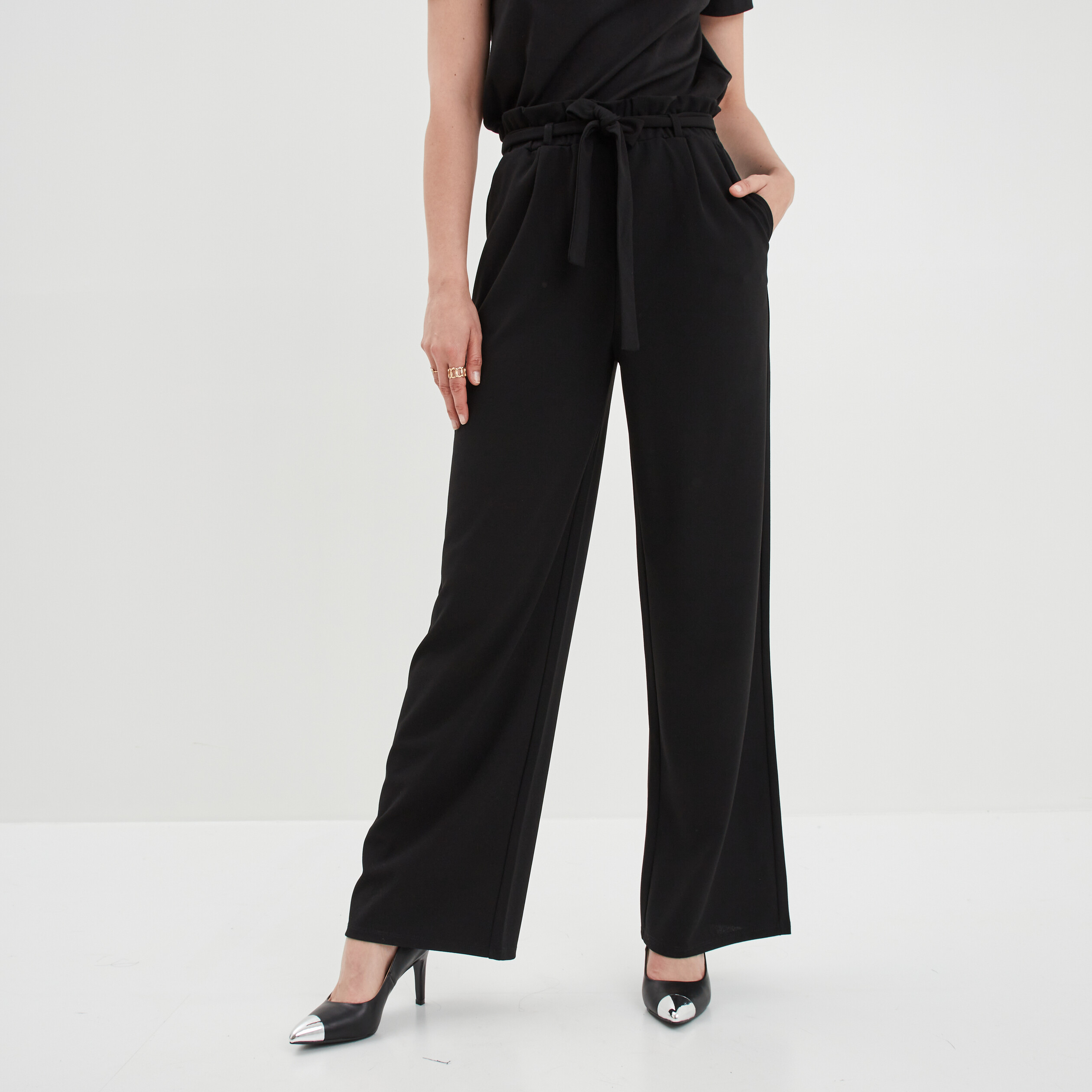 Pantalon large ceinturé noir femme