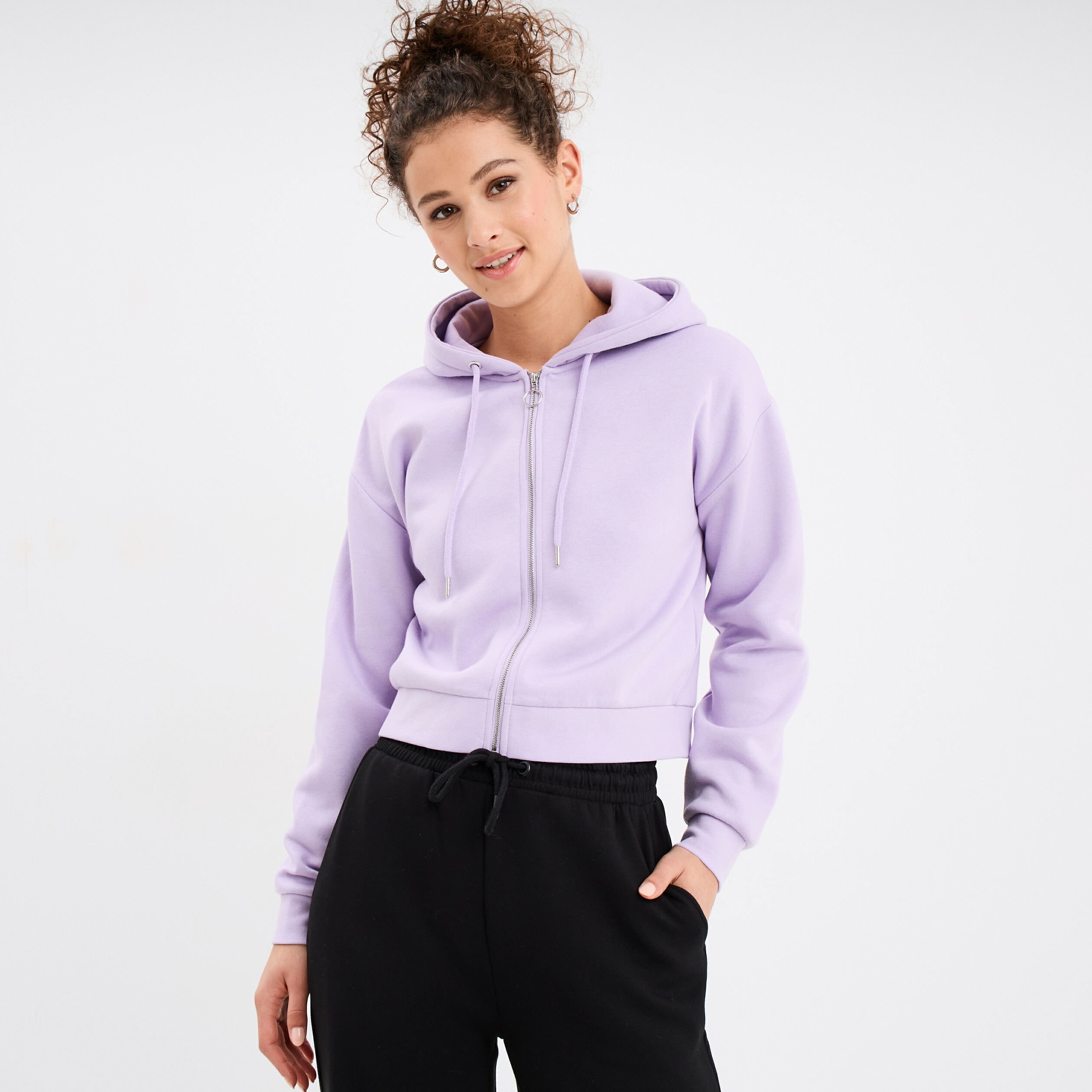 Sweat zippe a capuche court violet clair femme