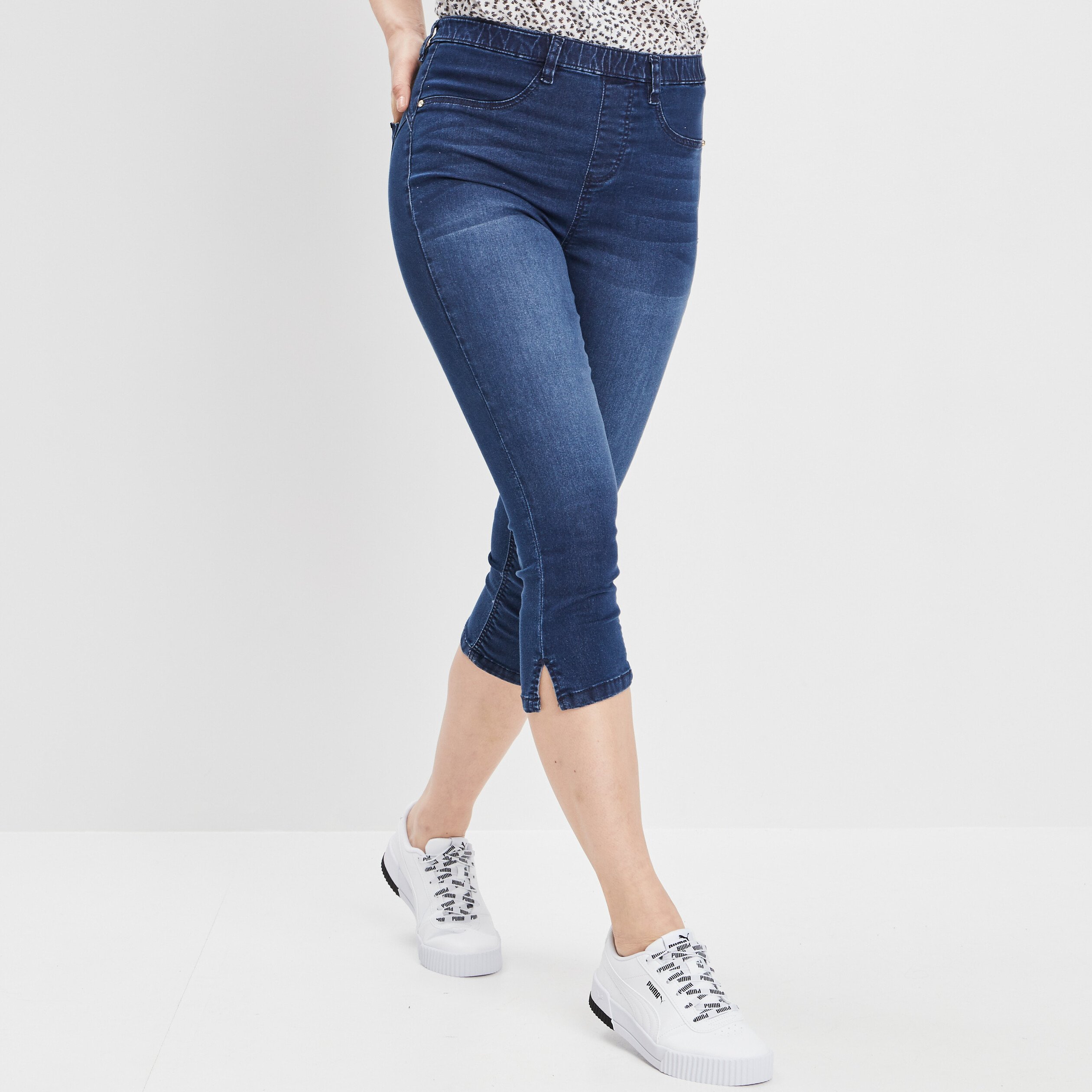 Pantacourt slim en jean push up denim double stone femme