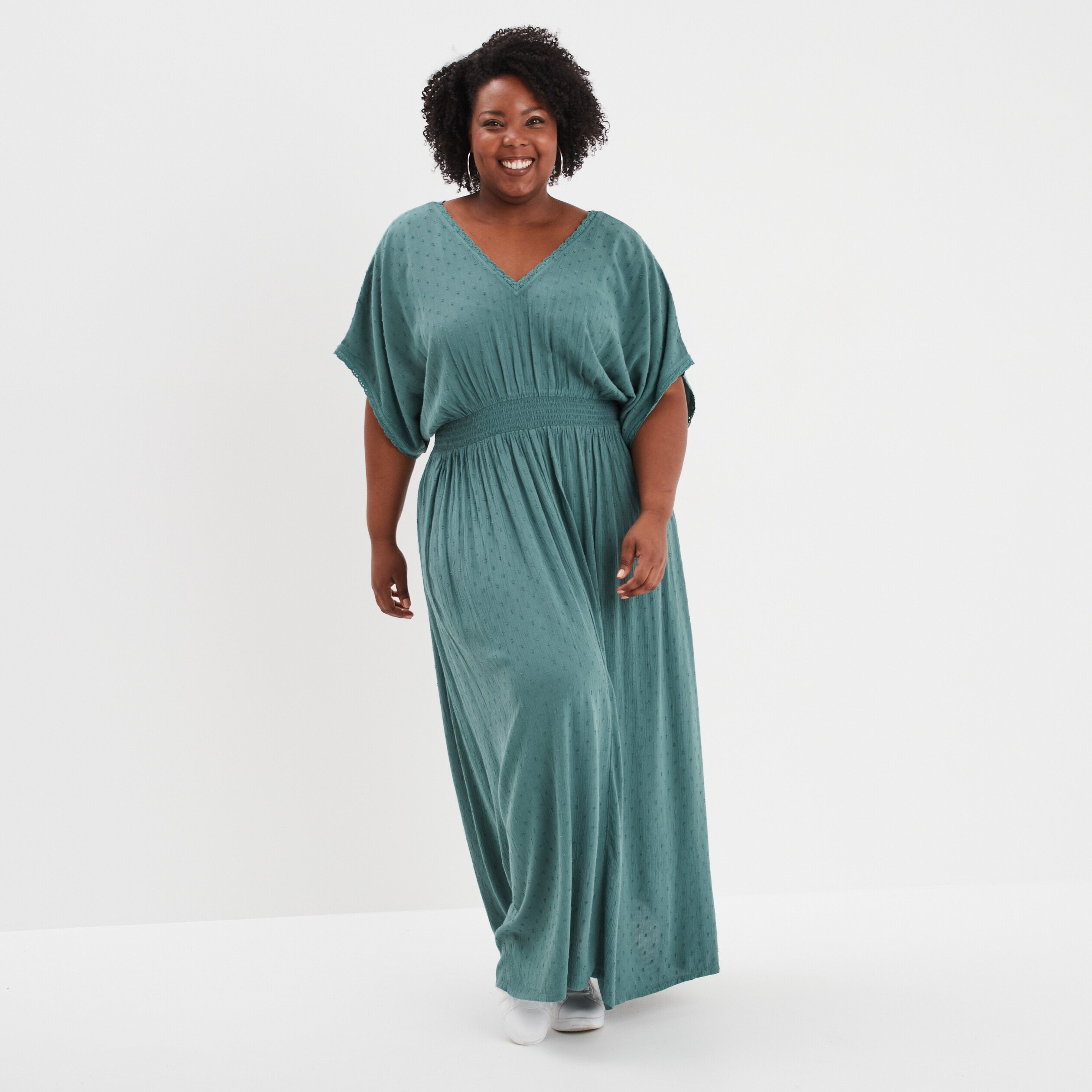 Robe longue en plumetis taille smockee vert fonce femme grande taille